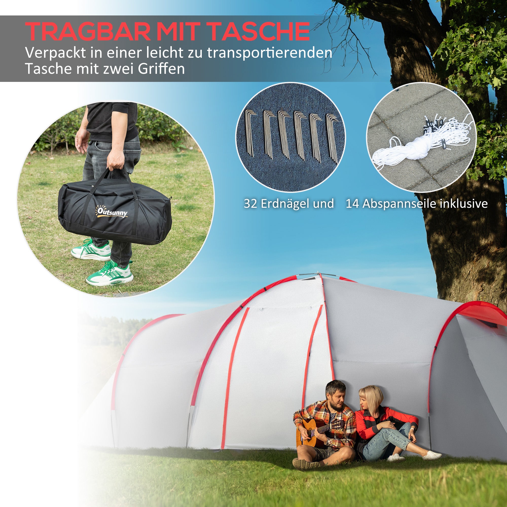 Outsunny Campingzelt, für 4 Personen, Vordach, 2 Schlafzimmer, Fenster, Zubehör, Grau