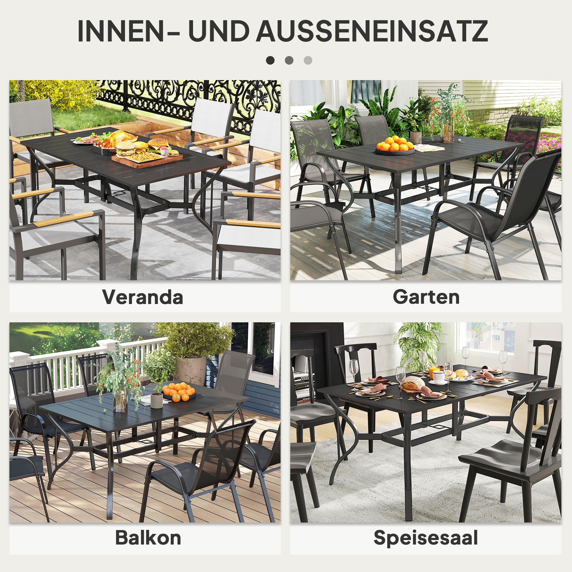 Outsunny Gartentisch Stahl 150x90 cm Wetterfest Balkontisch mit Schirmloch, Lamellen-Design für 6 Personen Schwarz