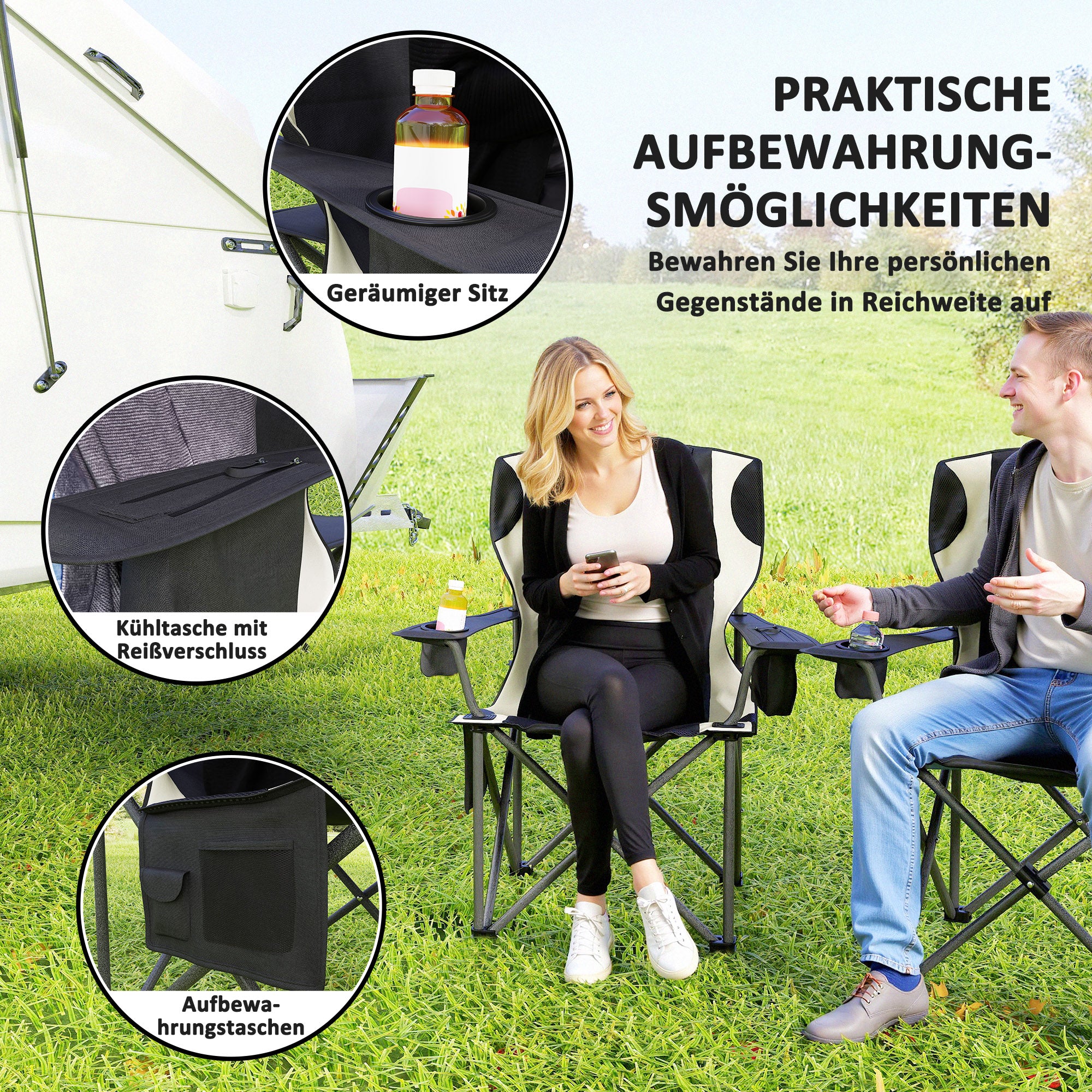 Outsunny 2er Set Faltstuhl faltbar Campingstuhl mit Armlehnen Getränkehalter Kopfstütze Kühltasche Schwarz