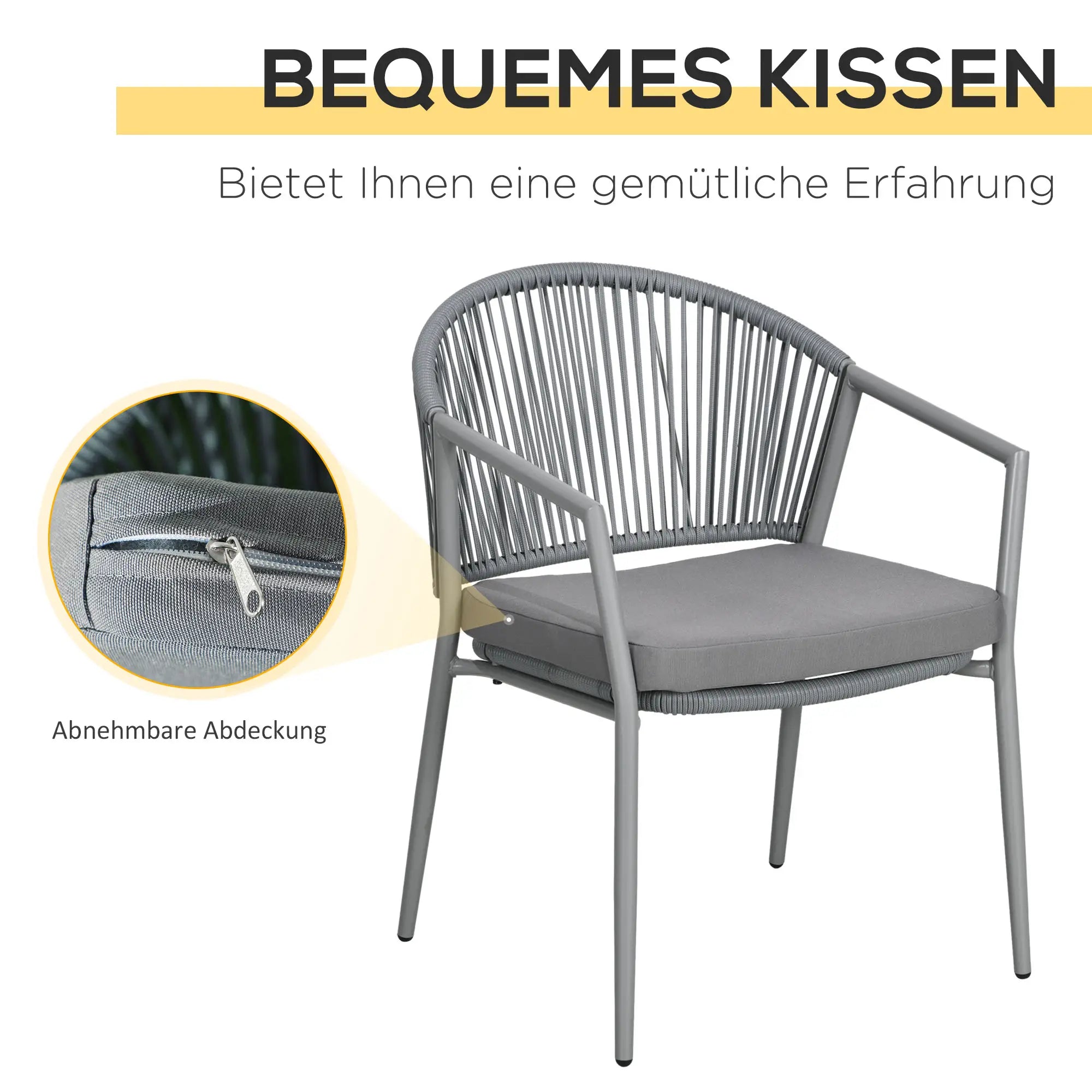Outsunny Gartenmöbel-Set, 2 Stühle & 1 Tisch mit Glasplatte, Rattanoptik, wetterfest, Metallrahmen, Grau