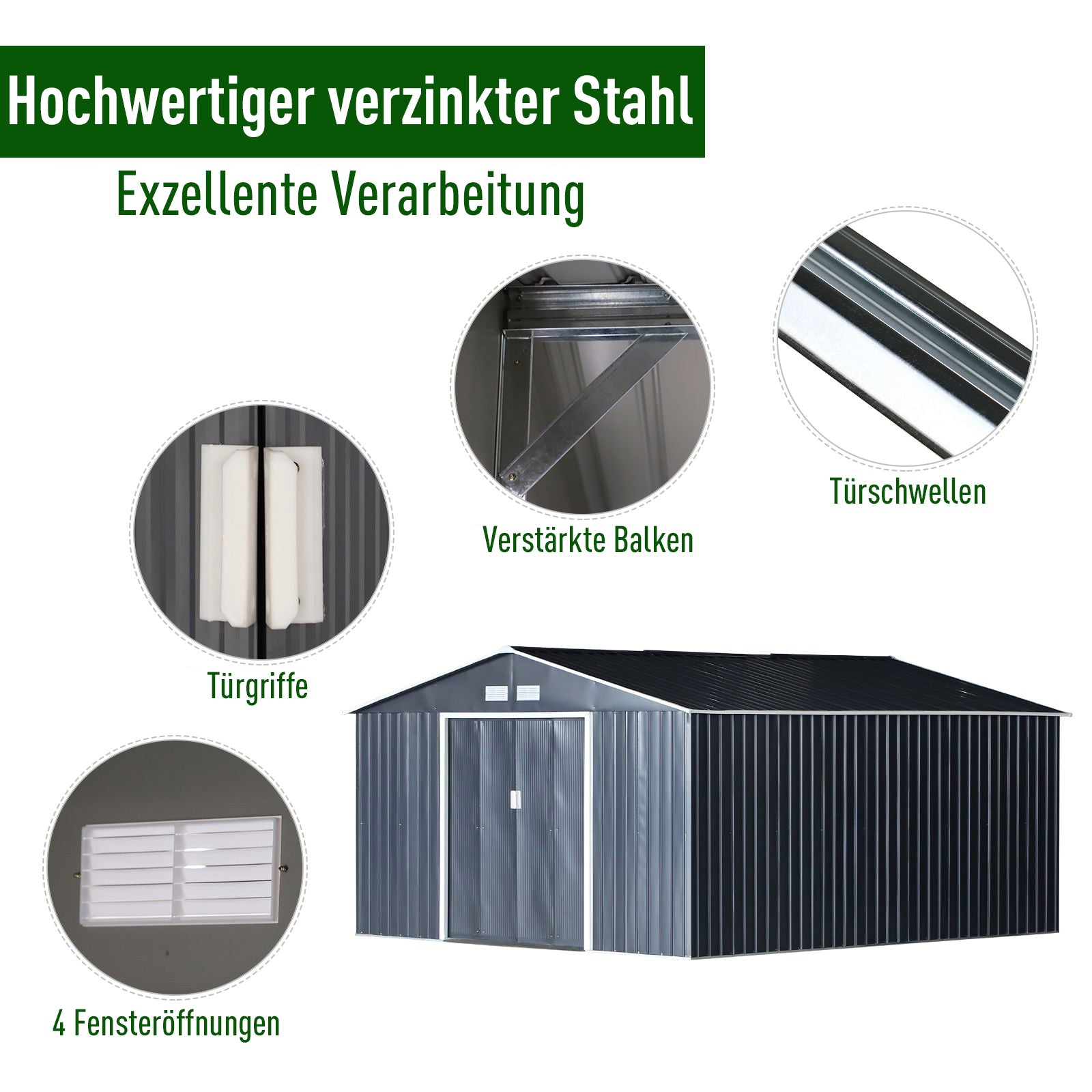 Outsunny Geräteschuppen, Wetterfestes Gartenhaus für Gartengeräte, mit Belüftungsfenstern, Schiebetüren, Stahl, Kohlegrau