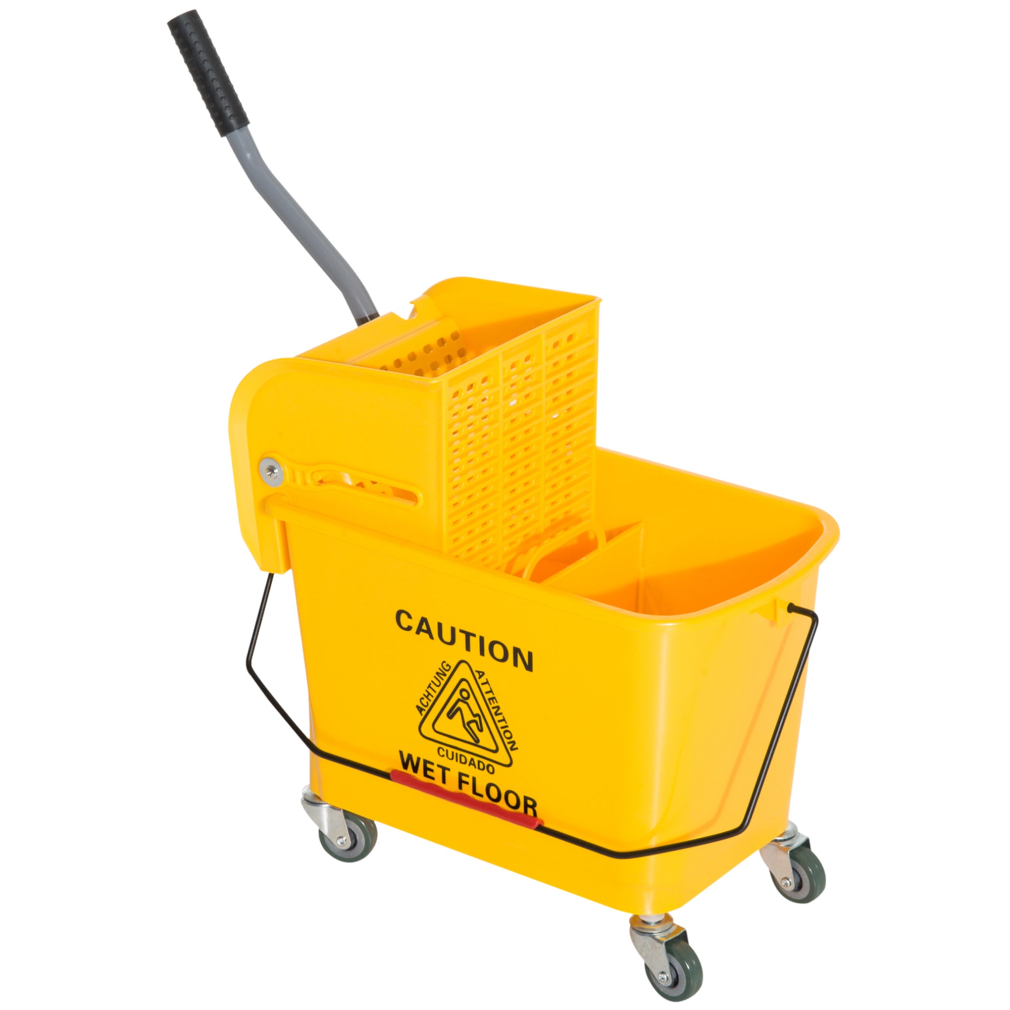HOMCOM 20 L Mopp-Eimer mit Auswringer und Griff, Wischmopp-Eimer auf Rädern, Kunststoff, Gelb