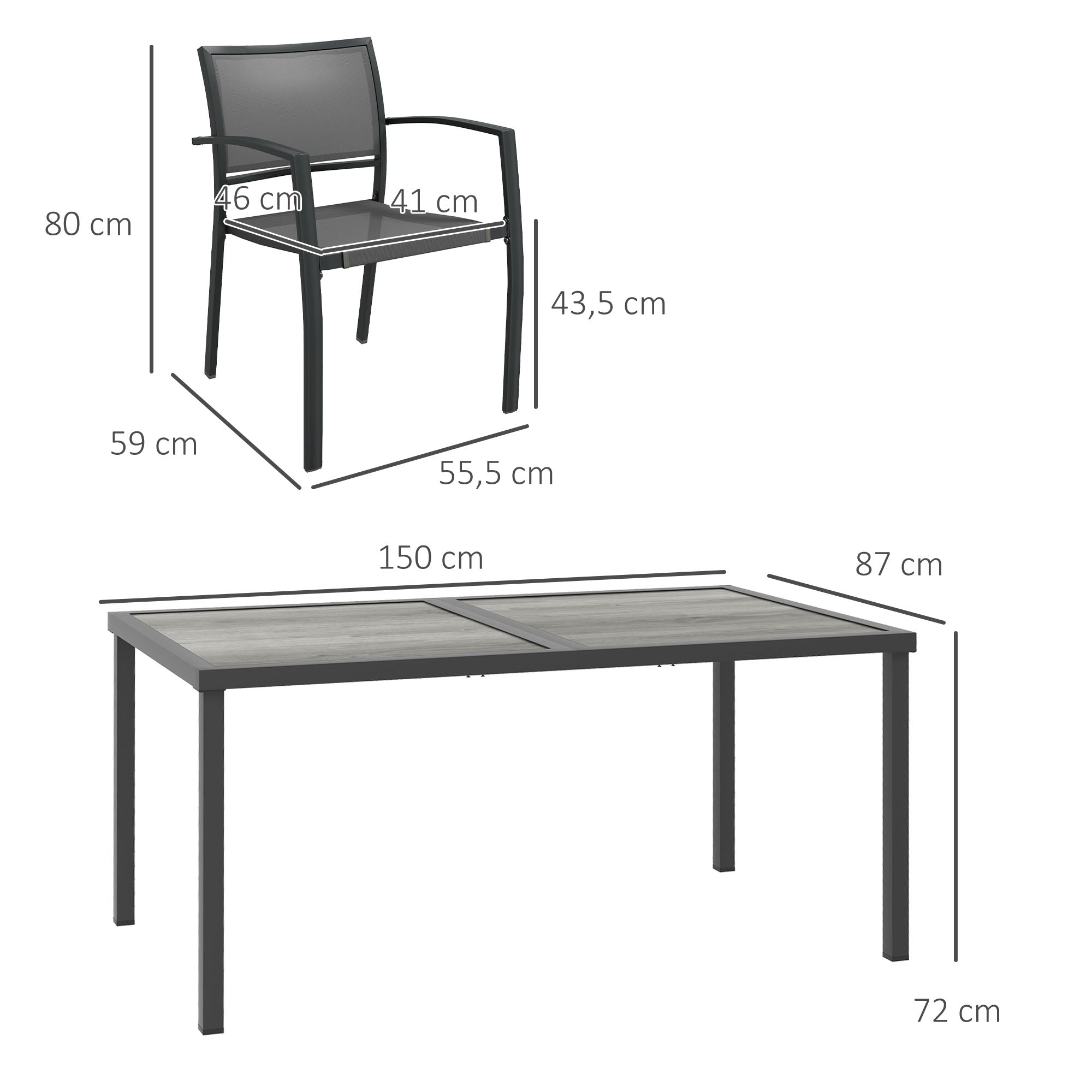 Outsunny Gartenmöbel-Set Gartensitzgruppe, 1 Tisch, 4 Stühle, 150 x 87 x 72 cm, Grau