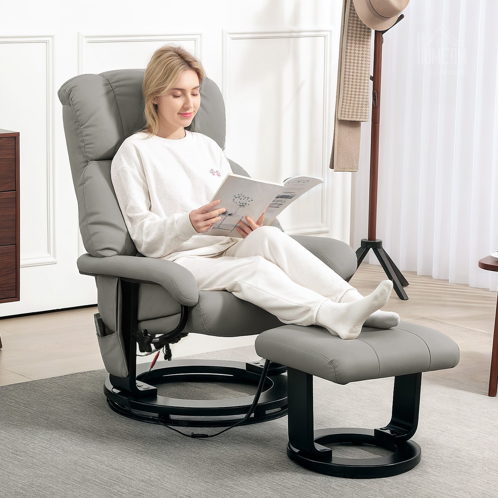 HOMCOM Relaxsessel Massagefunktion Fernsehsessel mit Seitentasche, Kunstleder, Grau