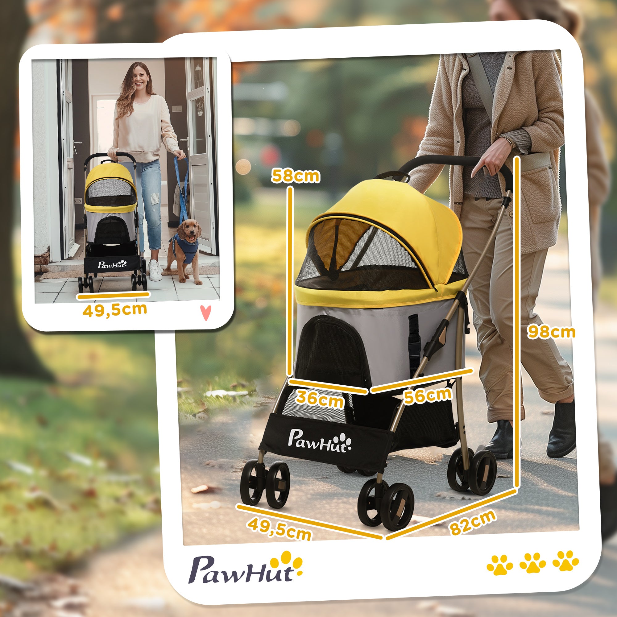 PawHut 2-in-1 Hundebuggy Hundetrolley bis 10 kg klappbar Tragtasche Bodenkorb  82 cm x 49,5 cm x 98 cm Gelb