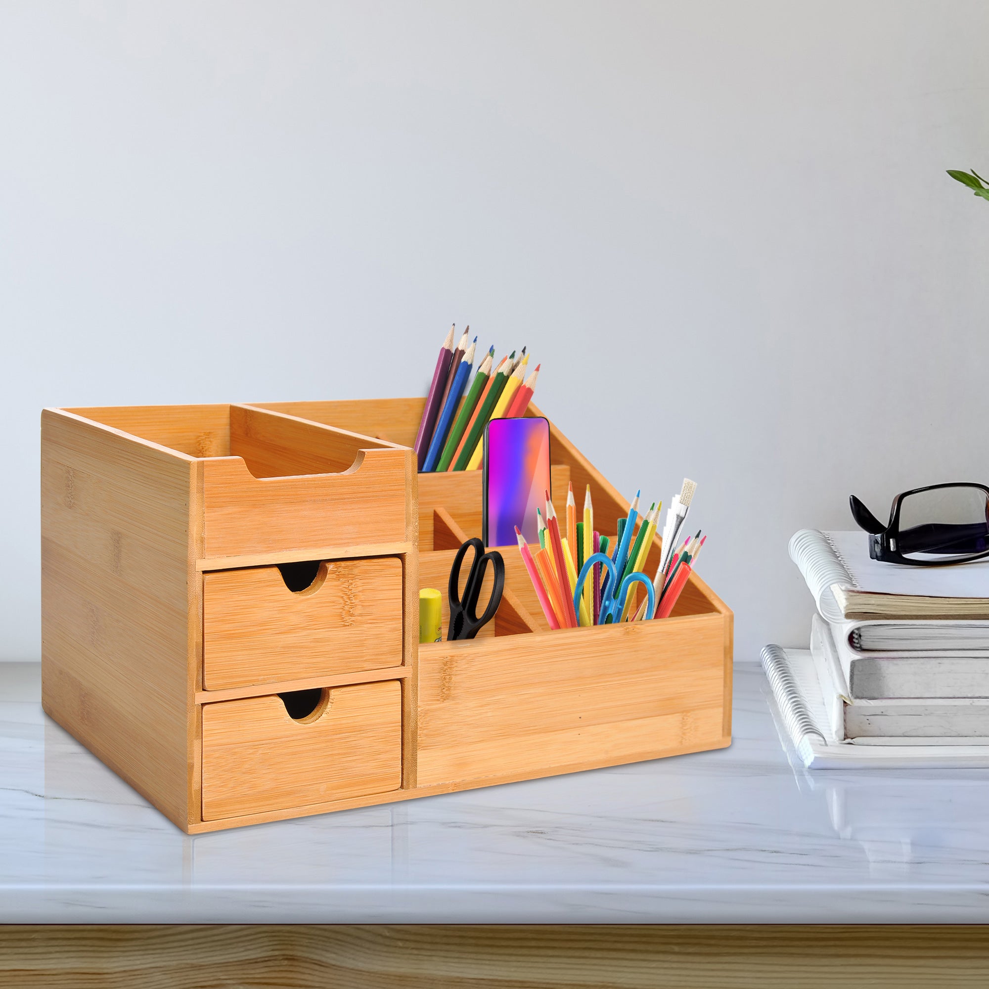 HOMCOM Schreibtisch Organizer mit 2 Schubladen und 7 Fächern Bambus
