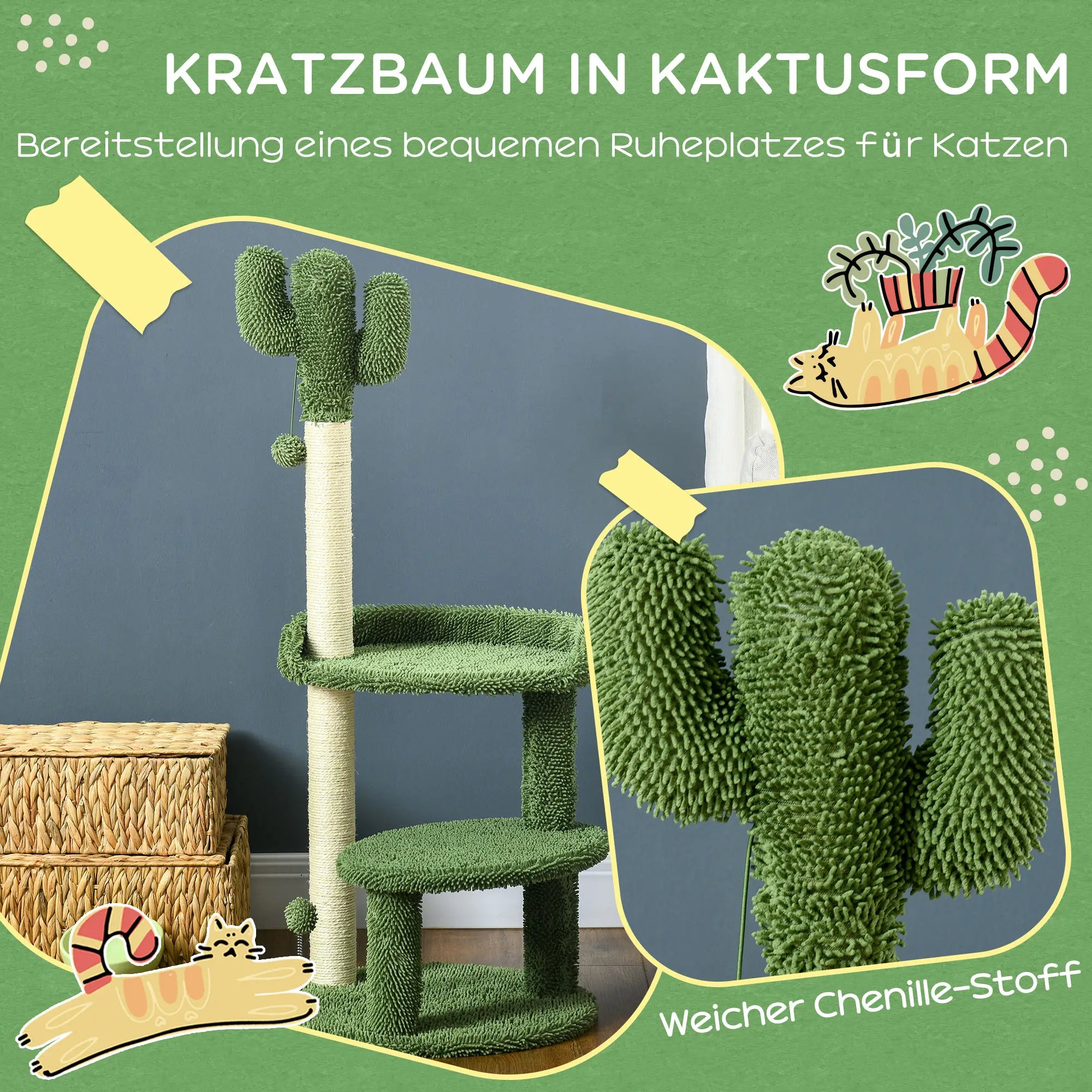 PawHut Kratzbaum Kaktus-Design mit 2 Etagen & Spielball
