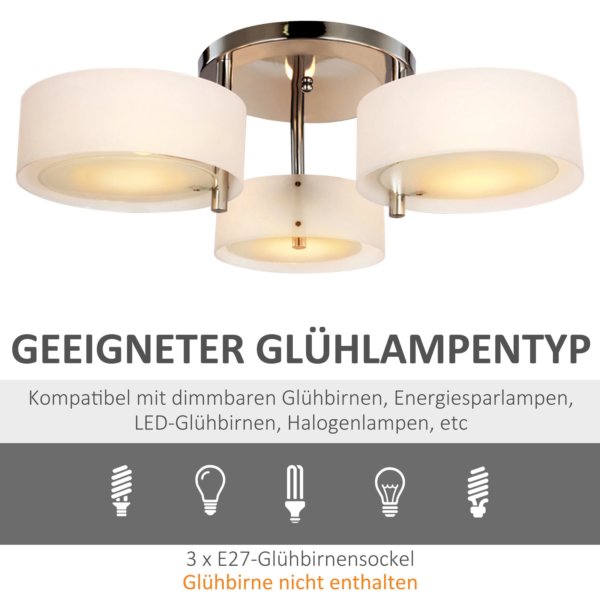 HOMCOM Pendelleuchte Hängelampe 3 Flammige Modern E27 Pendellampe Hängeleuchte Lampe für Esszimmer, Küche Ø64 x 20 cm Weiß Ohne Leuchtmittel