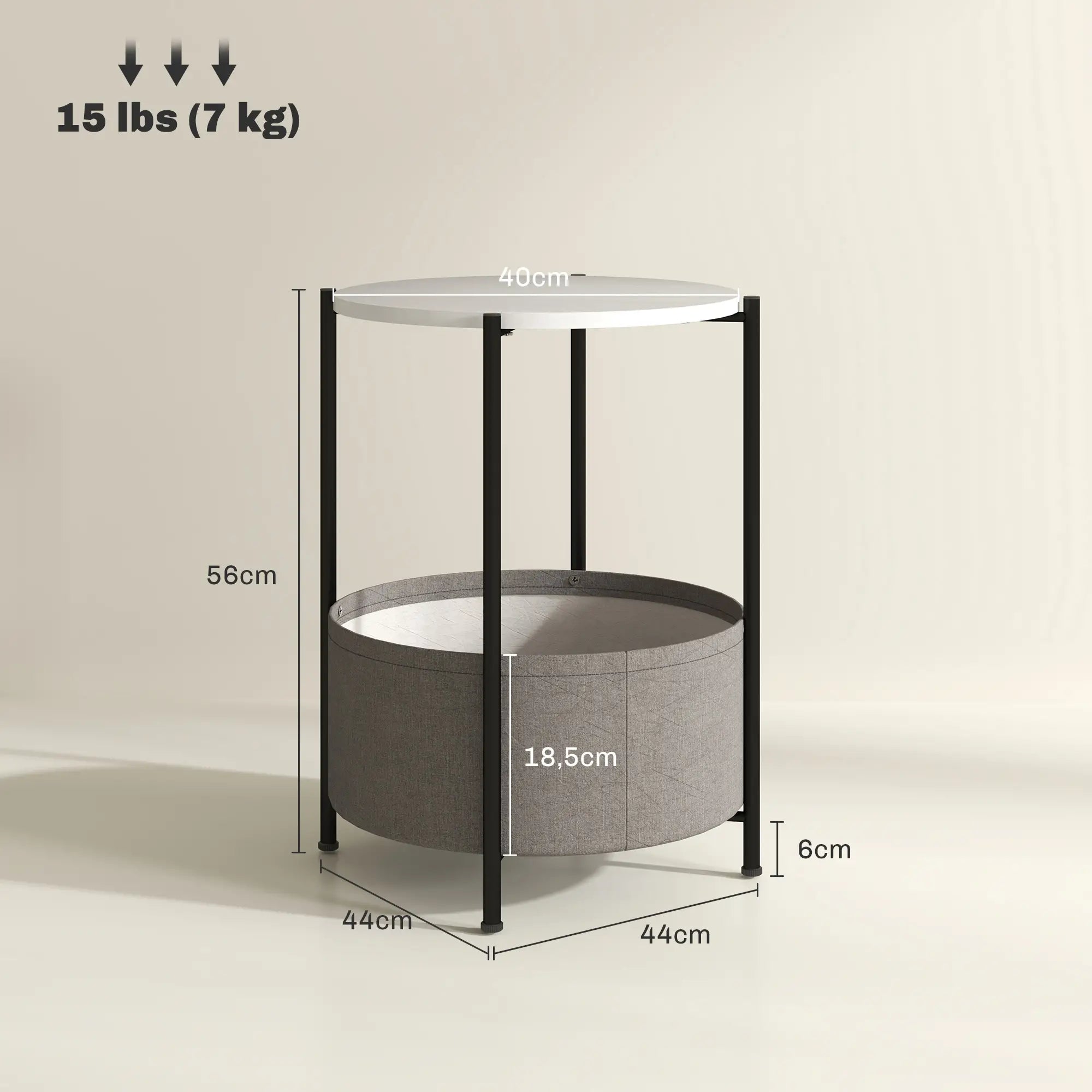 HOMCOM Runder Beistelltisch mit Stoffkorb, 2-stufiger Kaffeetisch für Wohnzimmer, Schlafzimmer, kleine Räume, Metall, Grau+Weiß