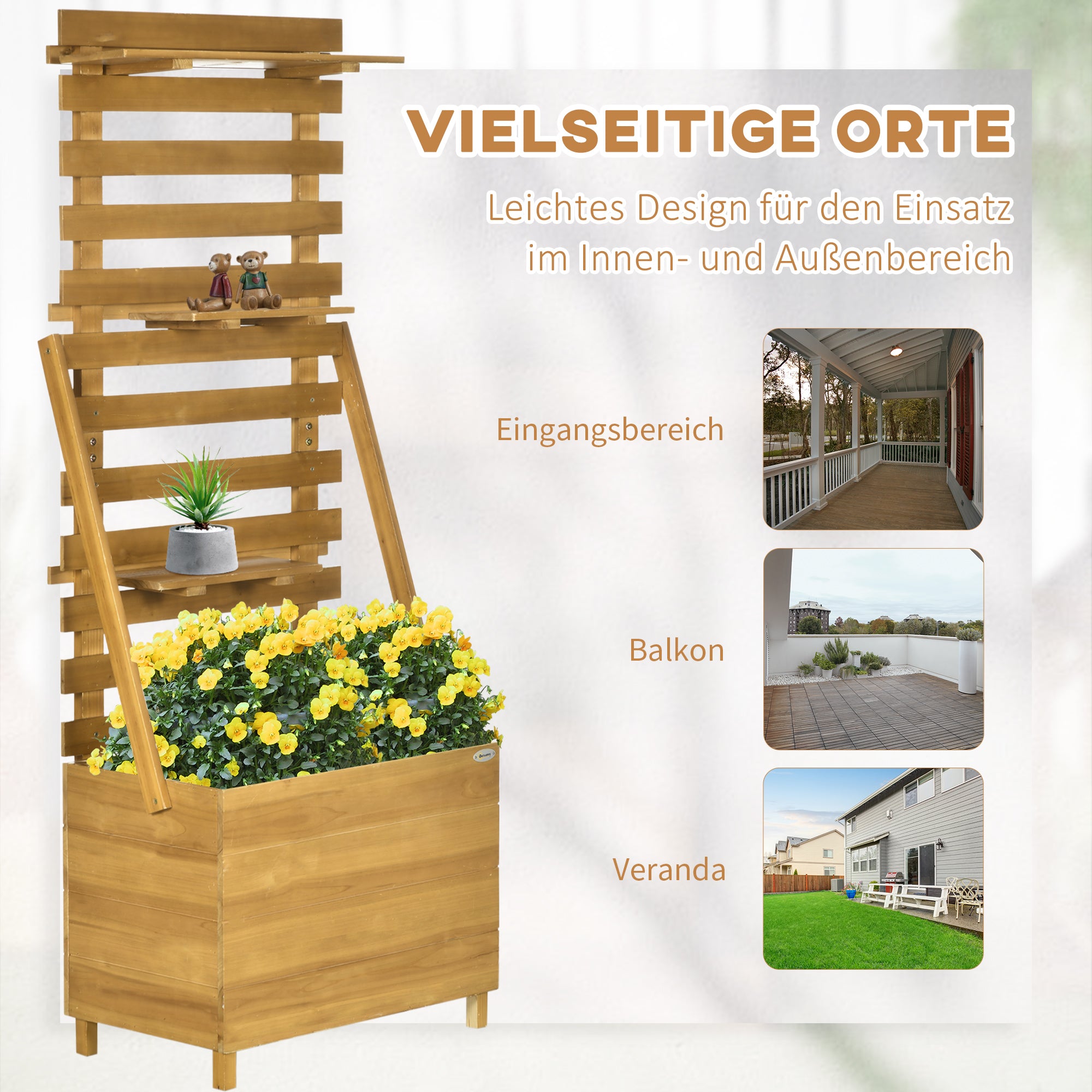 Outsunny Hochbeet mit 3 Schubladen, inkl. Rankhilfe, wetterbeständig, Massivholz, 63 cm x 39 cm x 160 cm, Natur