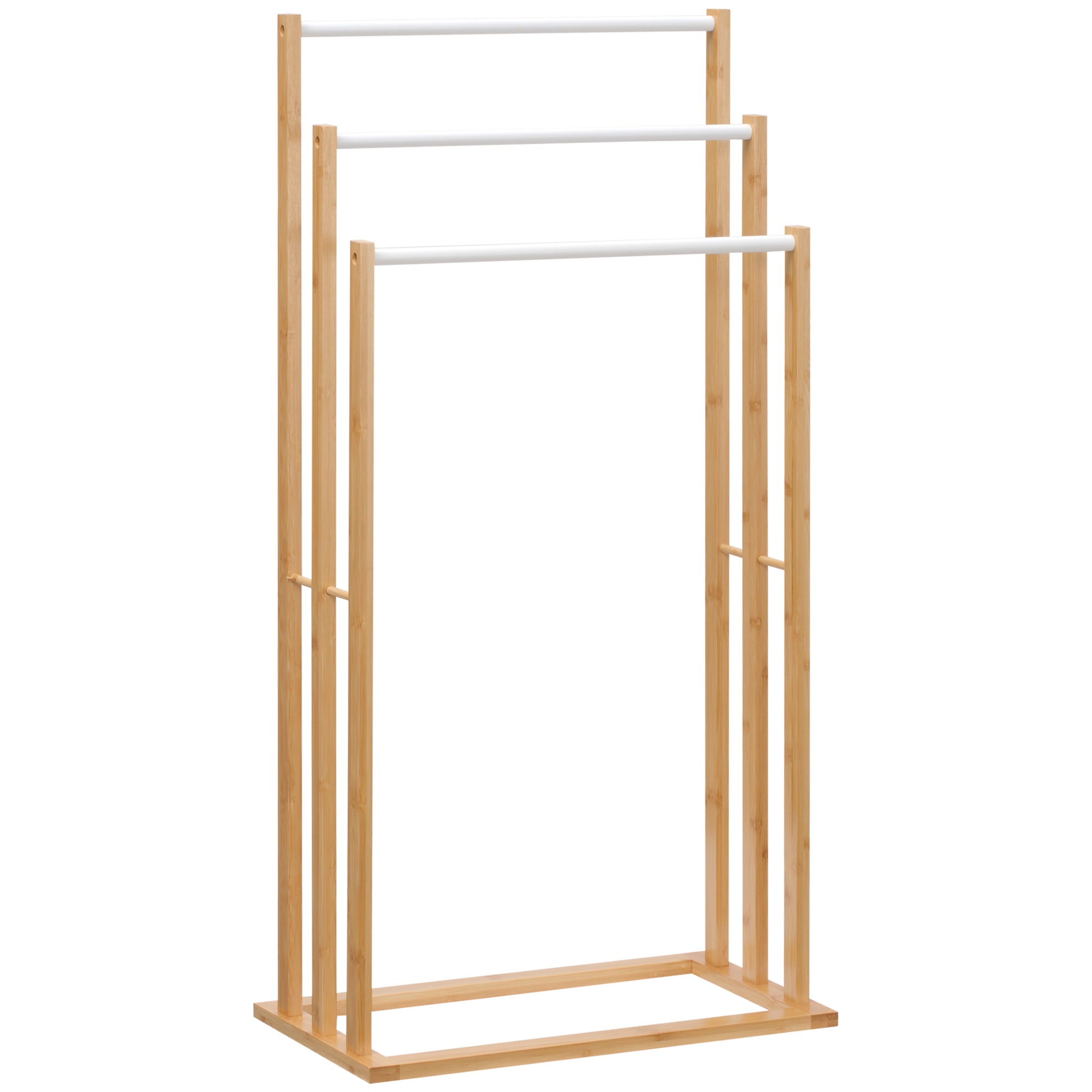 HOMCOM Handtuschständer aus Bambus. 3-teiliges Design, 3 Handtuchstangen 48 cm x 25,8 cm x 94 cm, Natur + Weiß