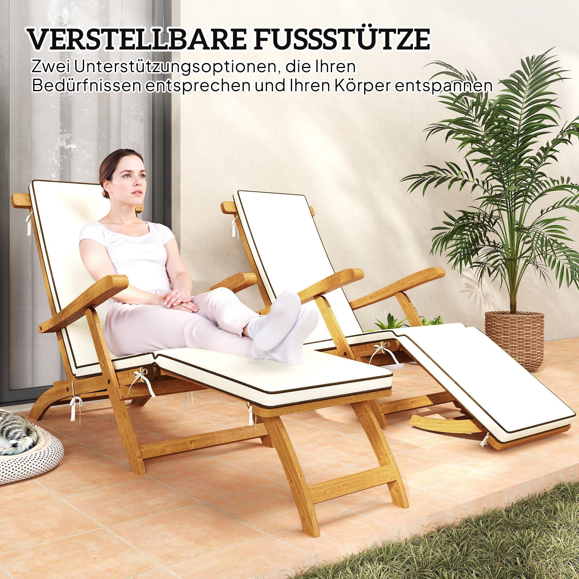 Outsunny Sonnenliege Holz klappbar Gartenliege mit Fußstütze, Matratze, Liegestuhl bis 160 kg belastbar Teak
