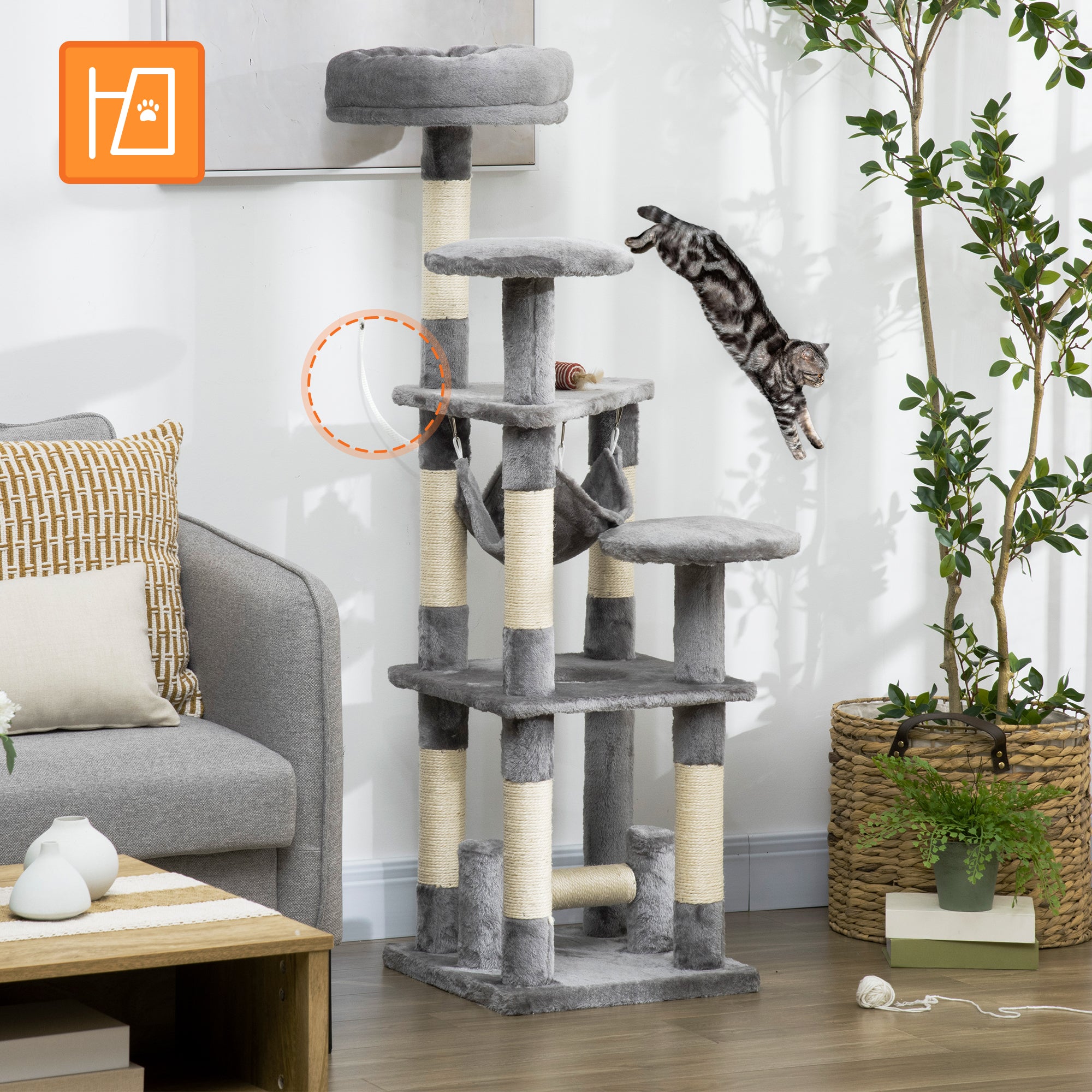 PawHut Katzenbaum Katzenkratzbaum Katzenspielturm Katzen Kletterbaum Kratzbaum Hängematte Grau L40 x B40 x H132 cm