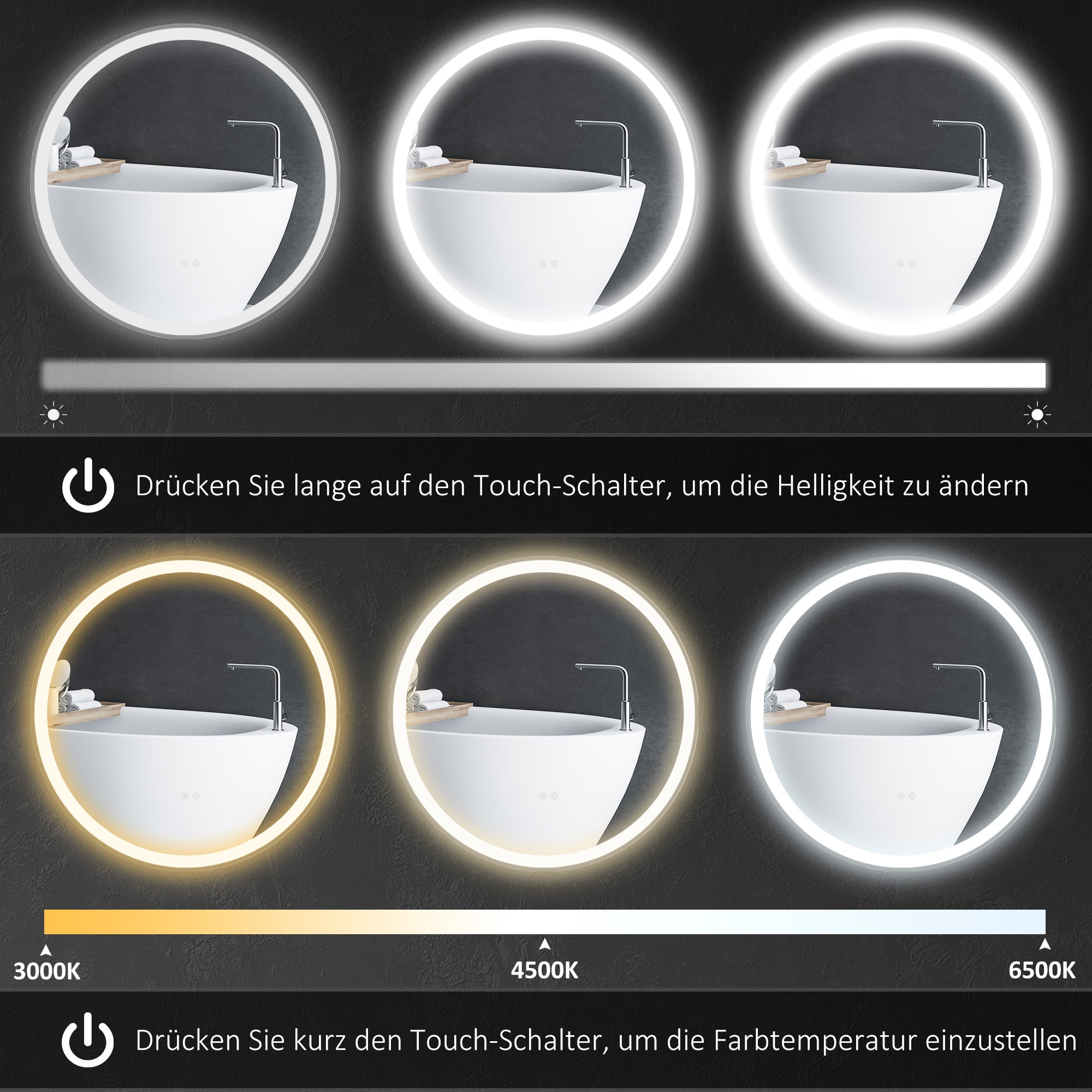 kleankin Badezimmerspiegel Badspiegel Runder Spiegel, LED- Licht, Touch-Funktion, kein Beschlagen, 60 x 60 cm