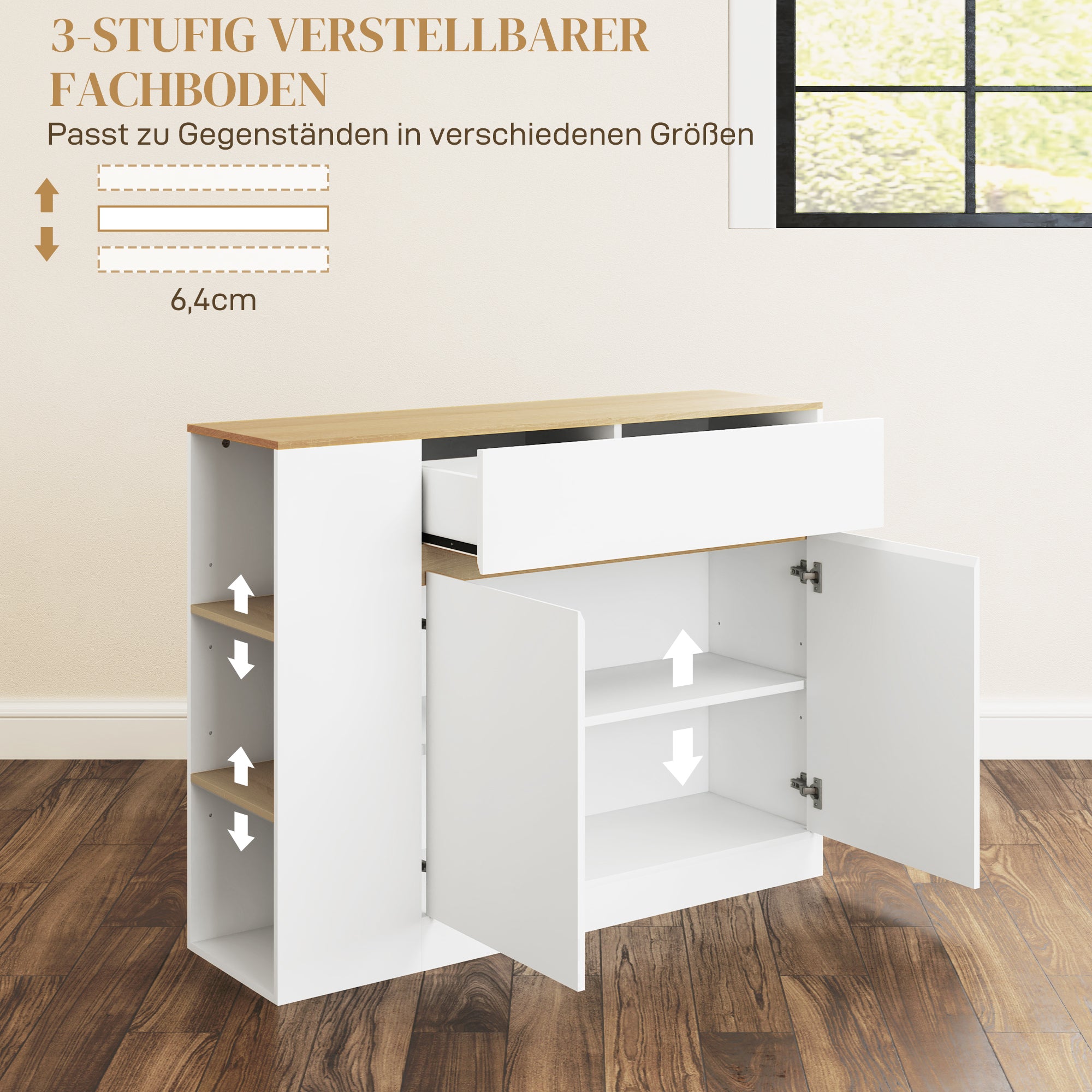 HOMCOM Sideboard, großes Schrankfach, 3 Ablagefächer, Schublade, 105 x 30 x 81,5cm, Weiß/Holz