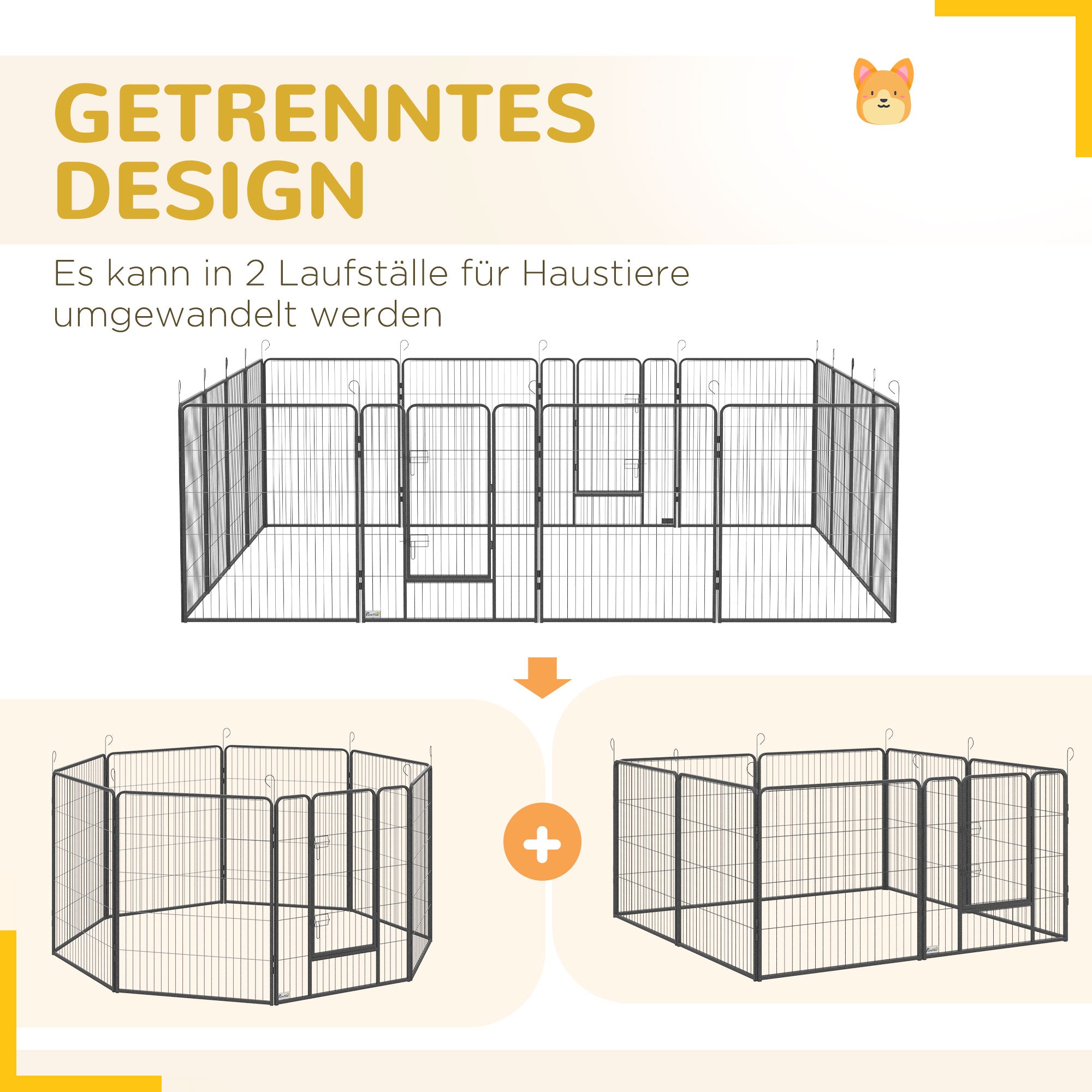 PawHut Welpenauslauf, modulares Design, 16 Elemente, 2 Türen, wetterfest, Stahl, 3,2 x 3,2 x 1 m, grau