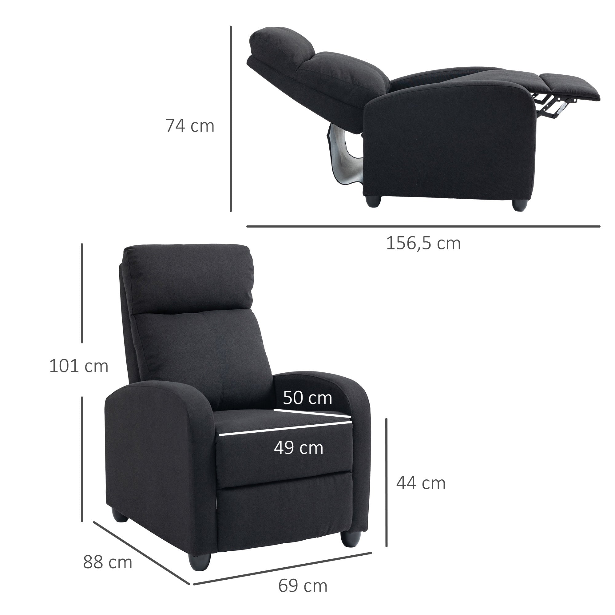 HOMCOM Relaxsessel, verstellbar 135°, ausziehbare Fußstütze, gepolsterte Lehnen, Leinen-Polyester, Schwarz
