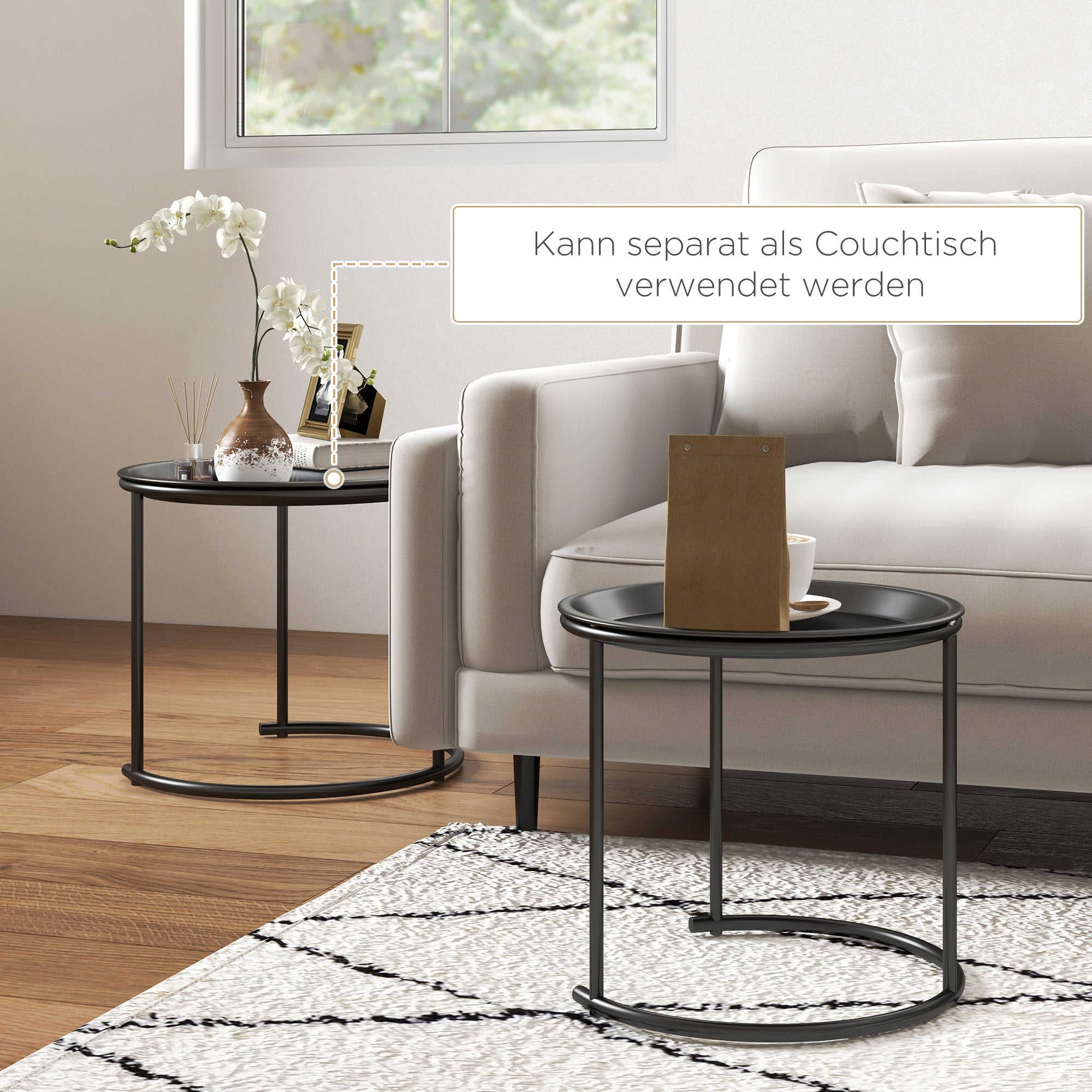 HOMCOM 2er-Set Beistelltische aus Metall, ineinander verschiebbar, Tischplatten als Tabletts verwendbar, Schwarz