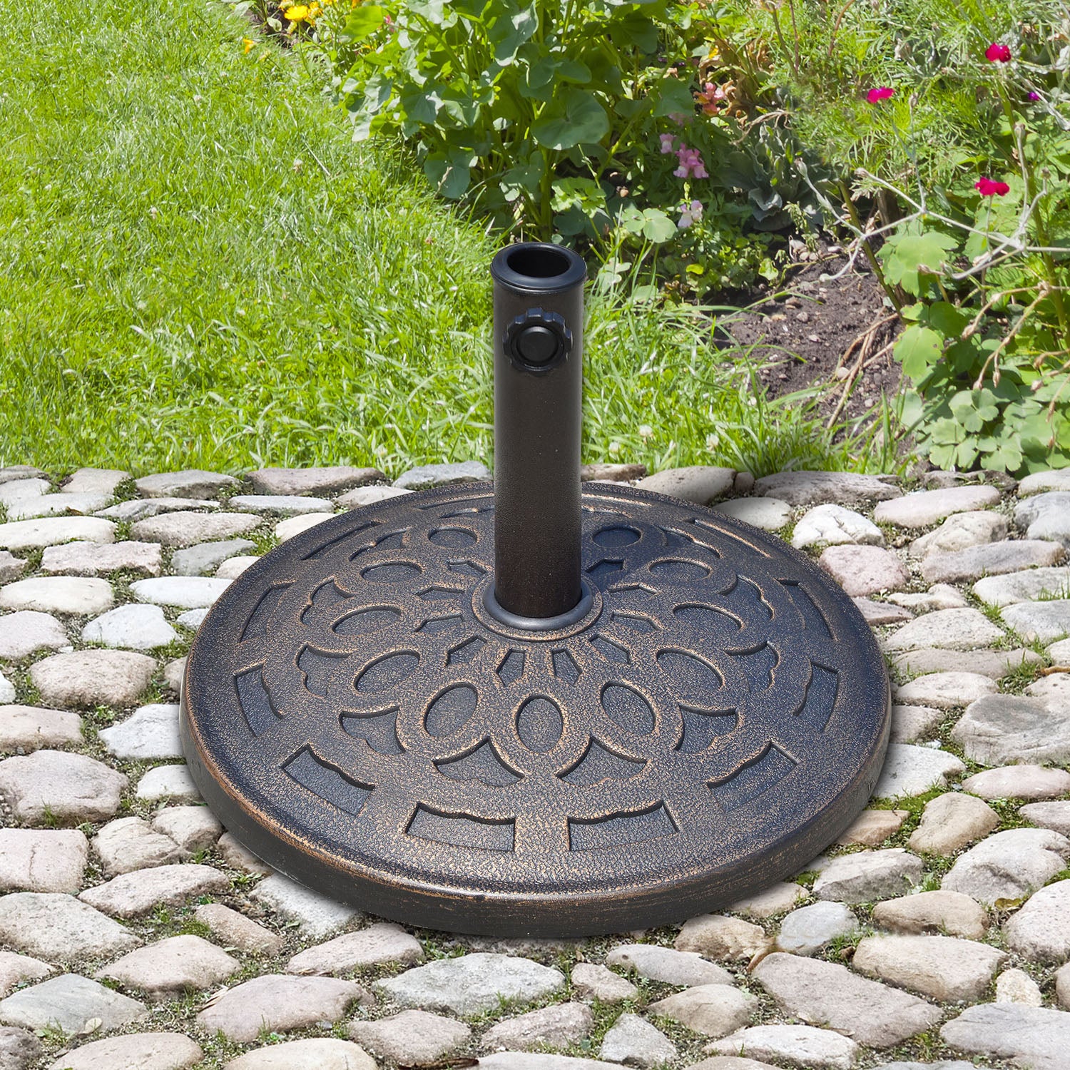 Outsunny Sonnenschirmständer aus Harz 14kg Schirmständer Griffe, Rund Schirmhalter, Schirmgewicht für Sonnenschirm 38mm/48mm Rohrdurchmesser, für Balkon, Terasse, Garten, Bronze