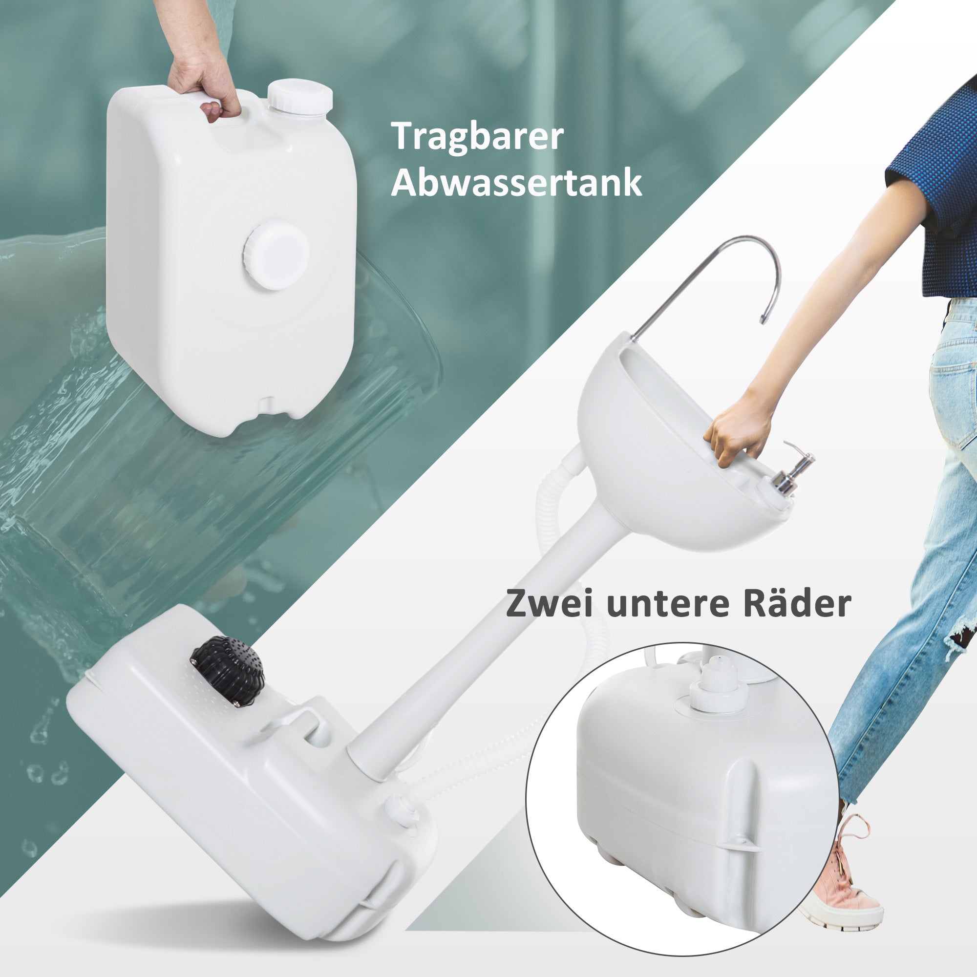 Outsunny Camping-Waschbecken mit Auffangbehälter, Seifenspender, 17L Wassertank, mobil, hellgrau