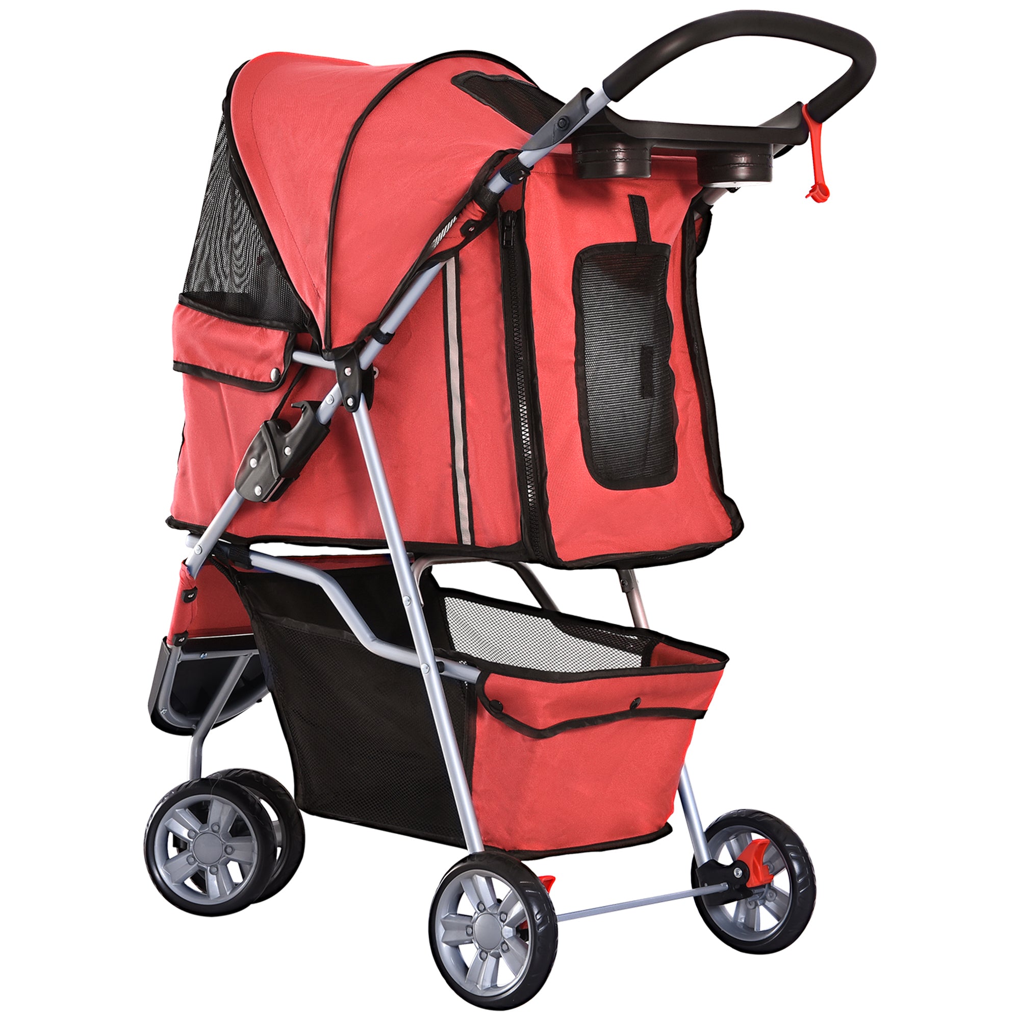 PawHut Hundewagen Hundebuggy bis 10 kg Klappbar Bodenkorb 2 Becherhalter verstellbares Vordach Rot