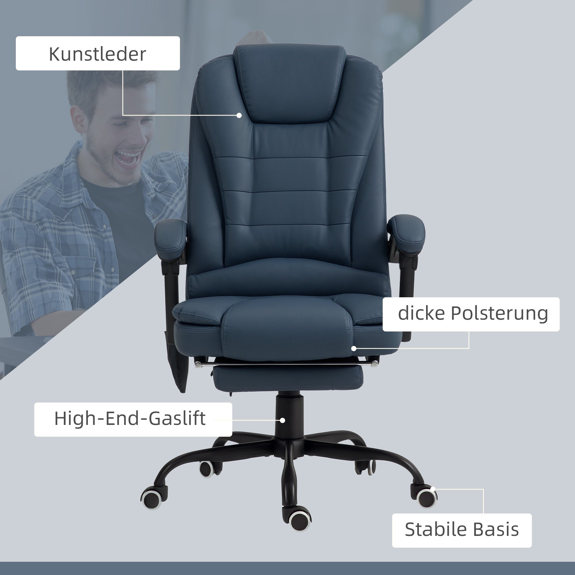 Vinsetto Massage-Bürostuhl, 7 Vibrationspunkte, verstellbare Fußstütze & Lehne, bis 120 kg, Lederoptik, Blau
