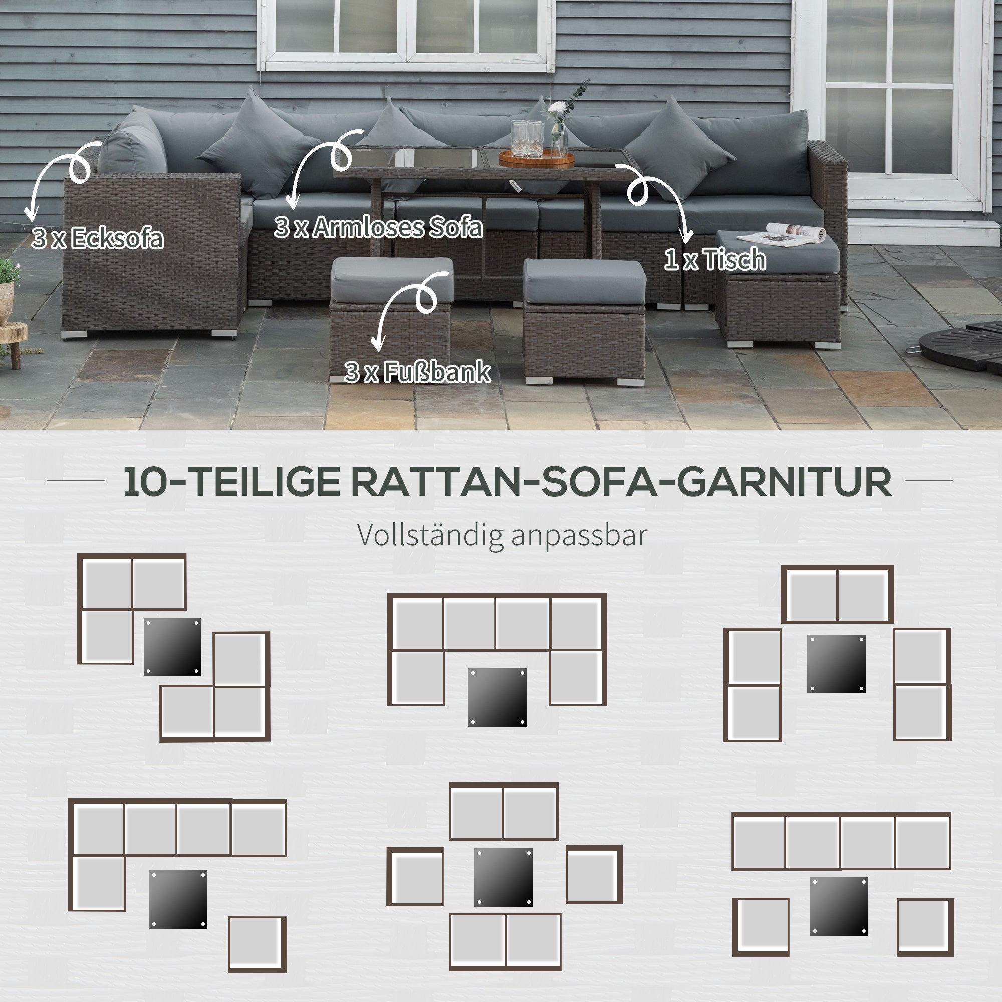 Outsunny 10-tlg. Gartengarnitur in Rattanoptik, mit Sitz- und Rückenkissen, rostfreier Metallrahmen, dunkelgrau