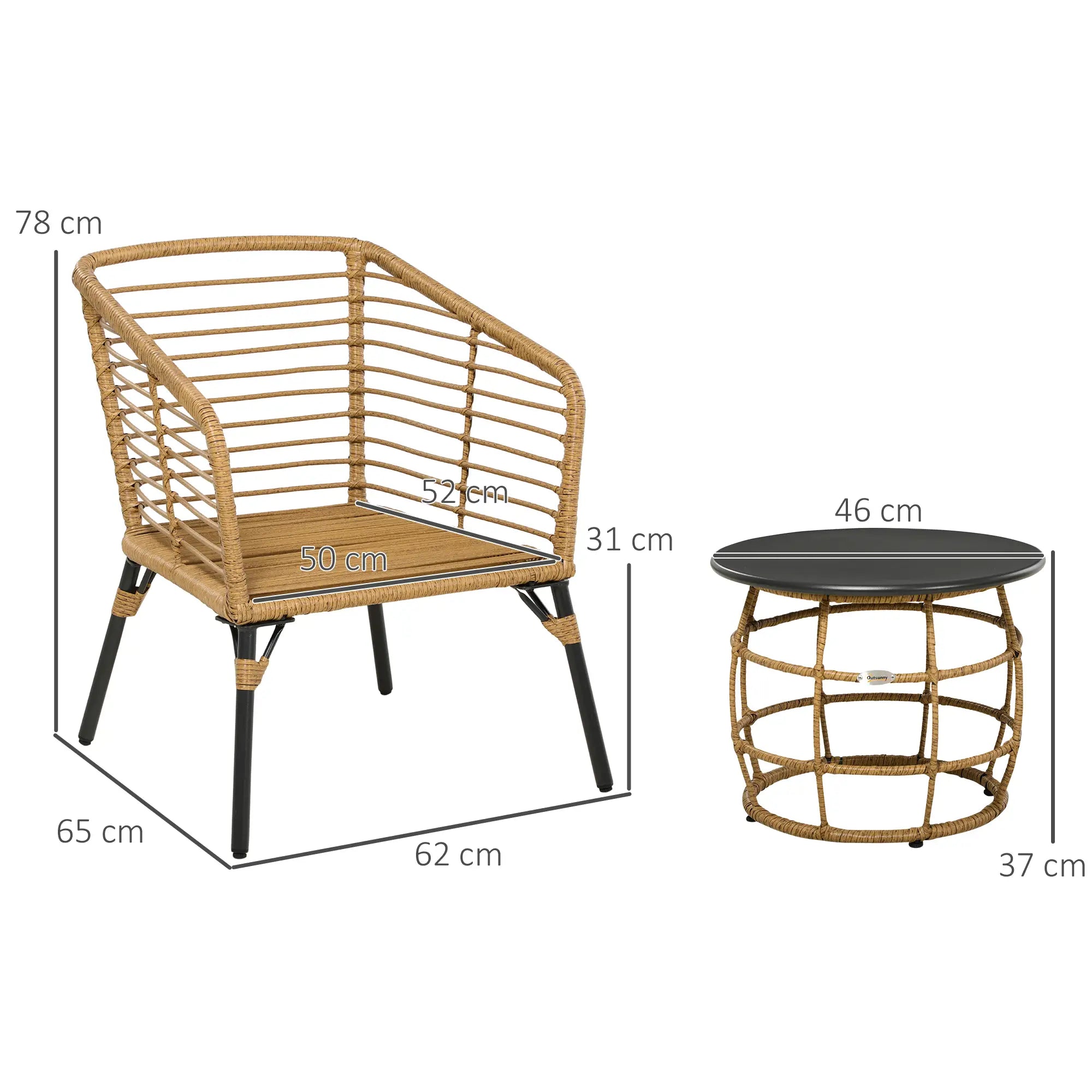 Outsunny 3-teiliges Bistro-Set, wetterbeständig, 1 Beistelltisch, 2 Stühle, 62 cm x 65 cm x 78 cm, Sand+Dunkelgrau