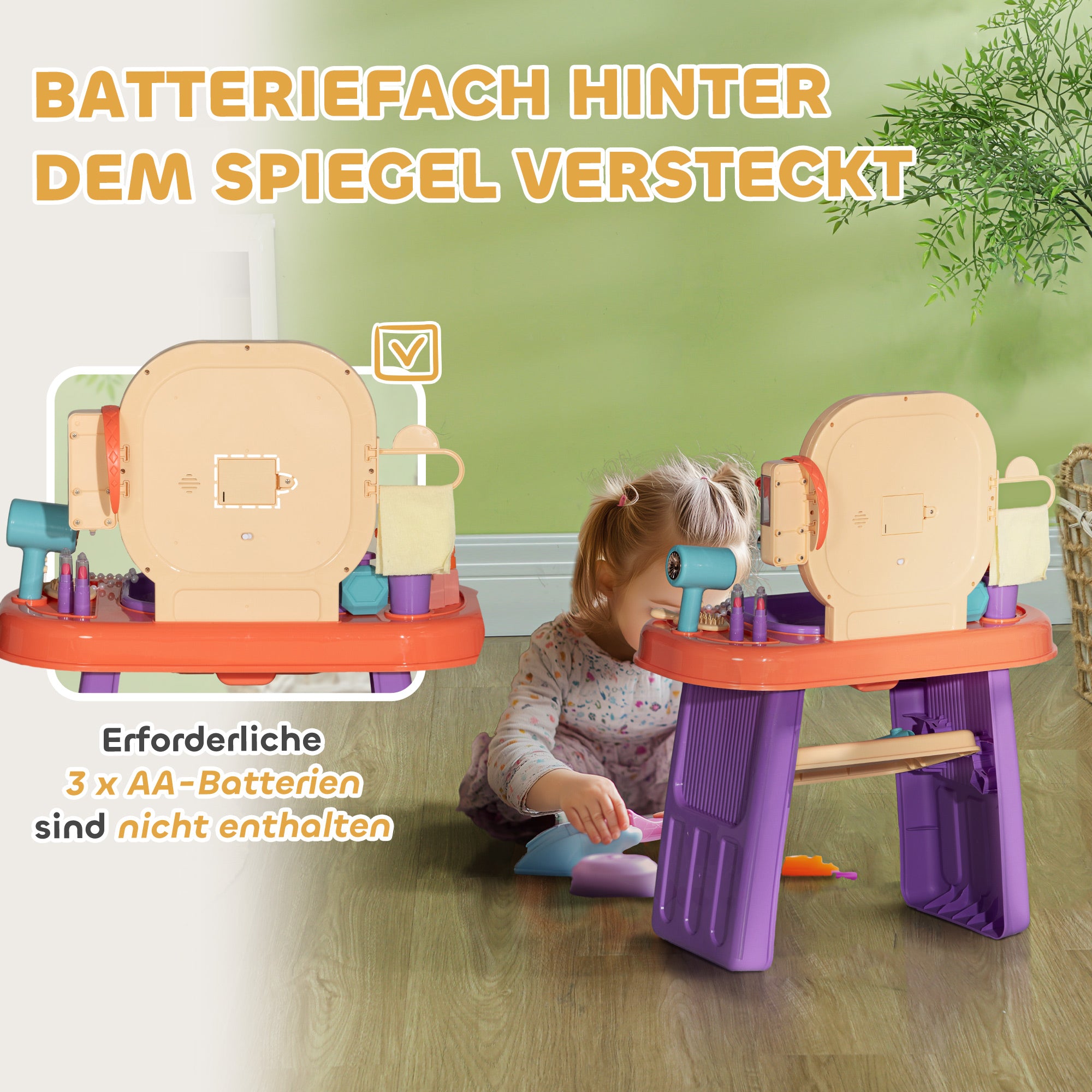 AIYAPLAY Kinderfrisiertisch mit LED-Spiegel, Musik, Wasserhahn, Acrylspiegel, Lila, 55x29x71 cm
