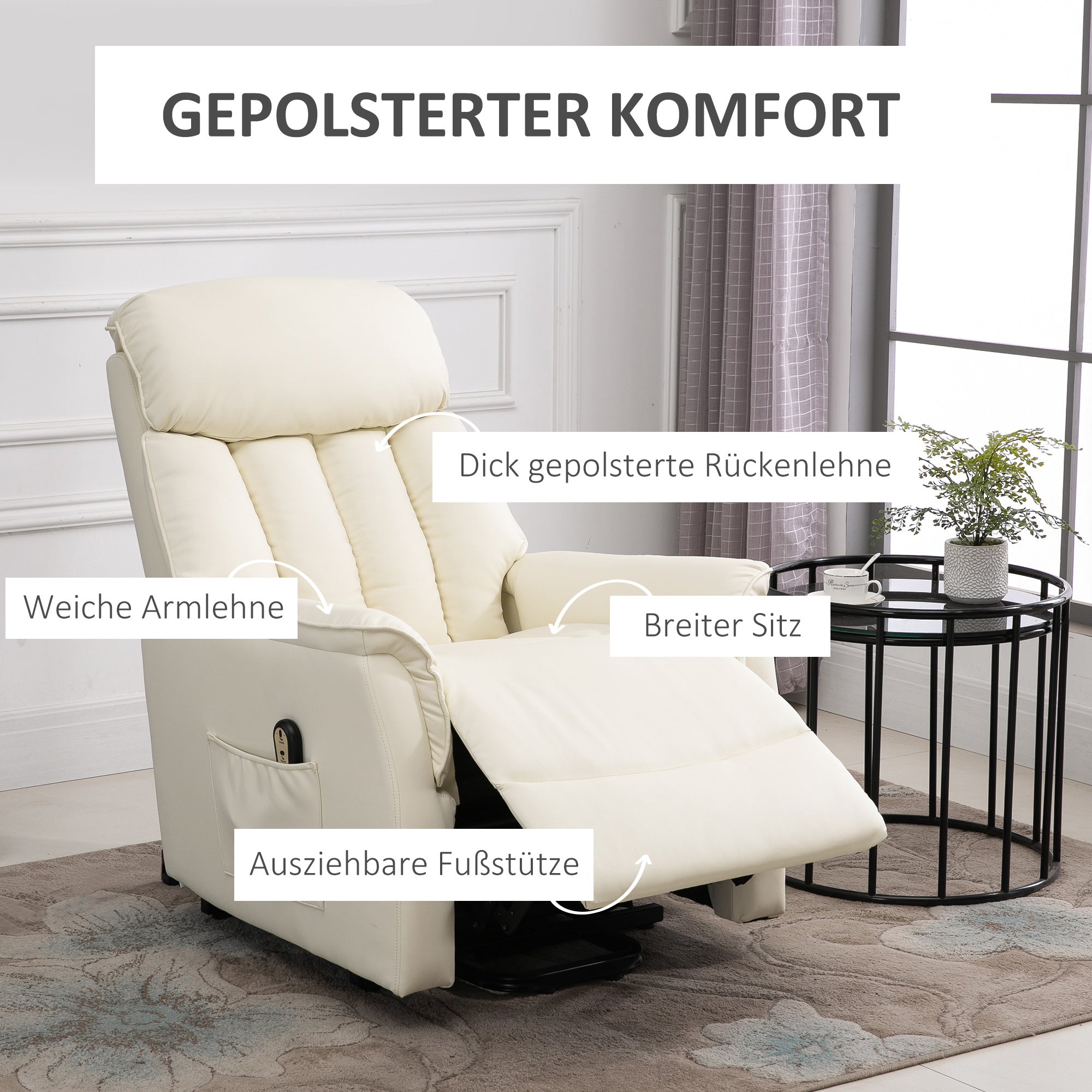 HOMCOM Relaxsessel Elektrisch Fernsehsessel mit Aufstehhilfe, Liegefunktion, TV Sessel mit Fußteil, Seitentasche, Fernbedienung, für Wohnzimmer, bis 150 kg, Kunstleder, Beige