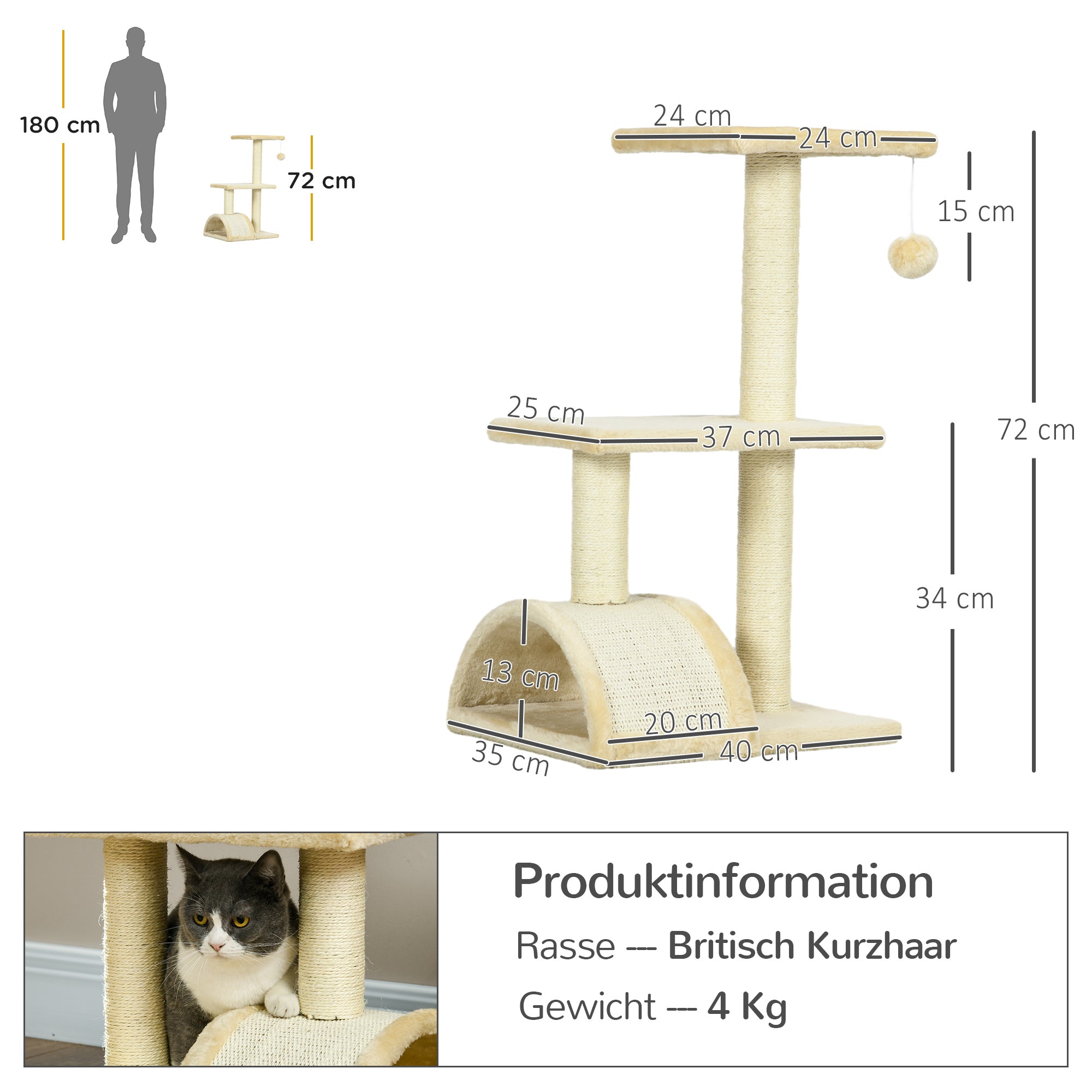 PawHut Kratzbaum 72 cm Katzenturm mit Plüschballen, Sisalstämme, Plattform, Kratzbrett Cremeweiß