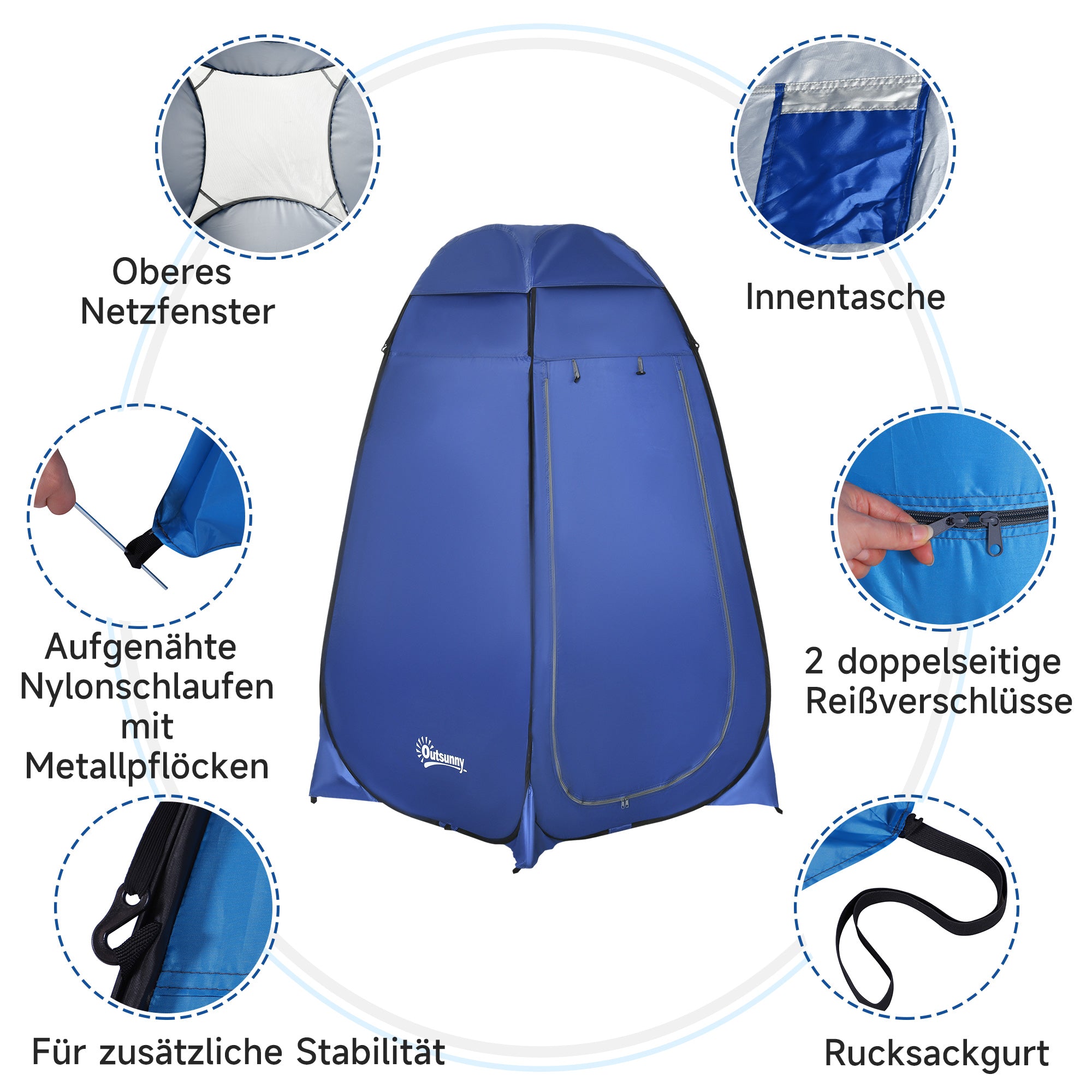 Outsunny Pop-up toilettent, mobiele campingdouchetent, omkleedtent met binnenvak, douchecabine, kleedcabine, waterproof, polyester, donkerblauw, 120 x 120 x 190 cm