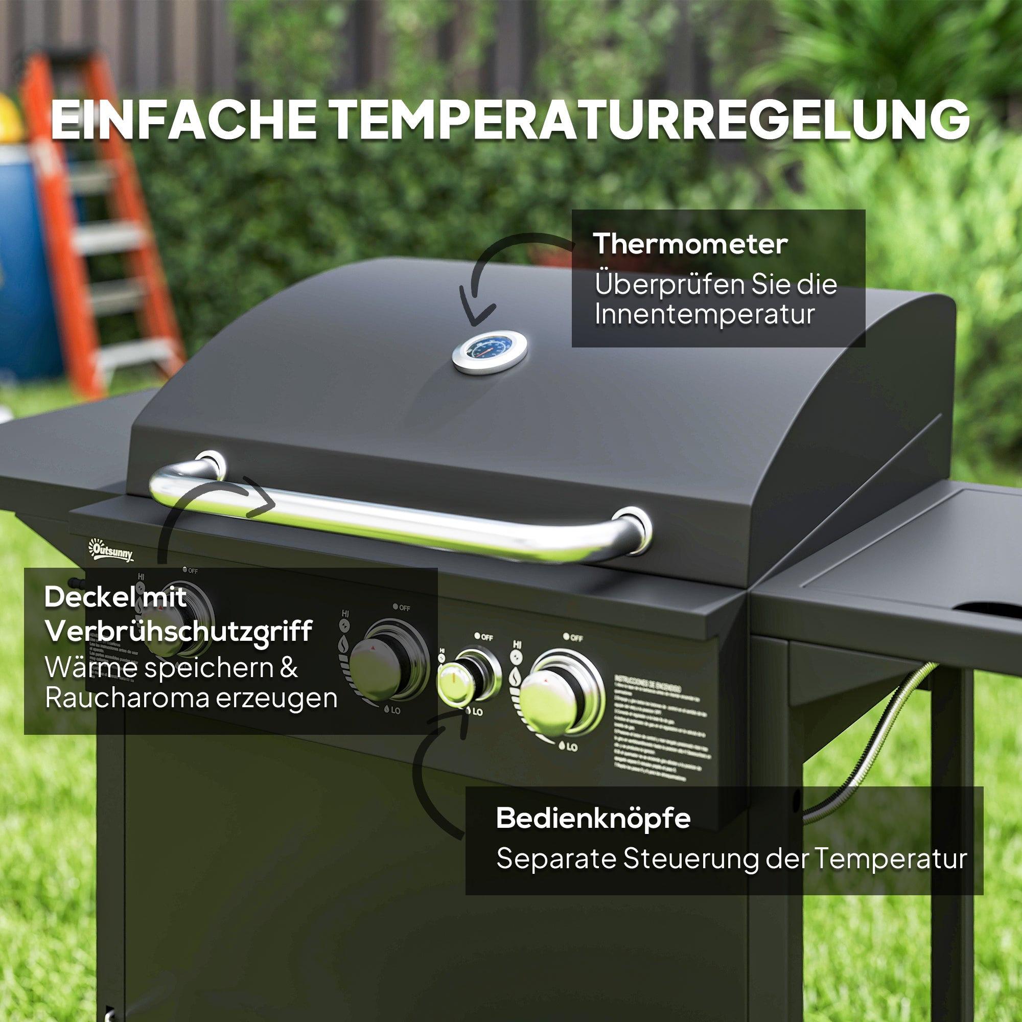 Outsunny Gasgrill 9,5 KW Grillwagen inkl 4 Brenner Seitenkocher Rolle 123 x 57 x 98 cm Schwarz