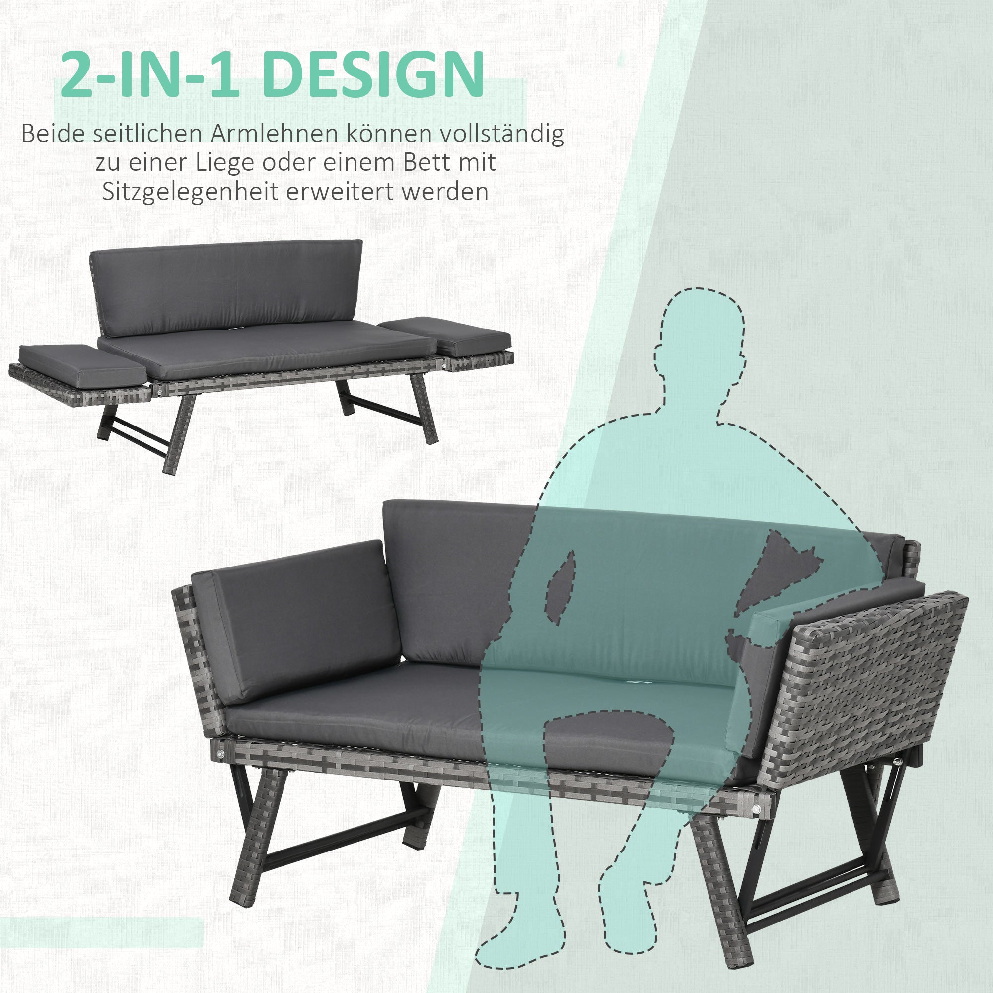 Outsunny Polyrattan Gartensofa 2 Sitzer Gartenmöbel Loungesofa Gartenbank Gartenliege klappbar Armlehnen Stahl Grau 129 x 63 x 67 cm