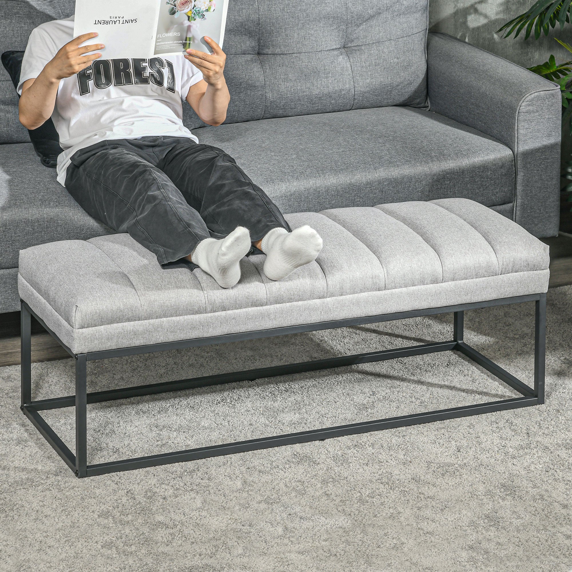 HOMCOM Sitzbank im Industrie-Design, Bettbank, Metallbeine, Rosa + Schwarz