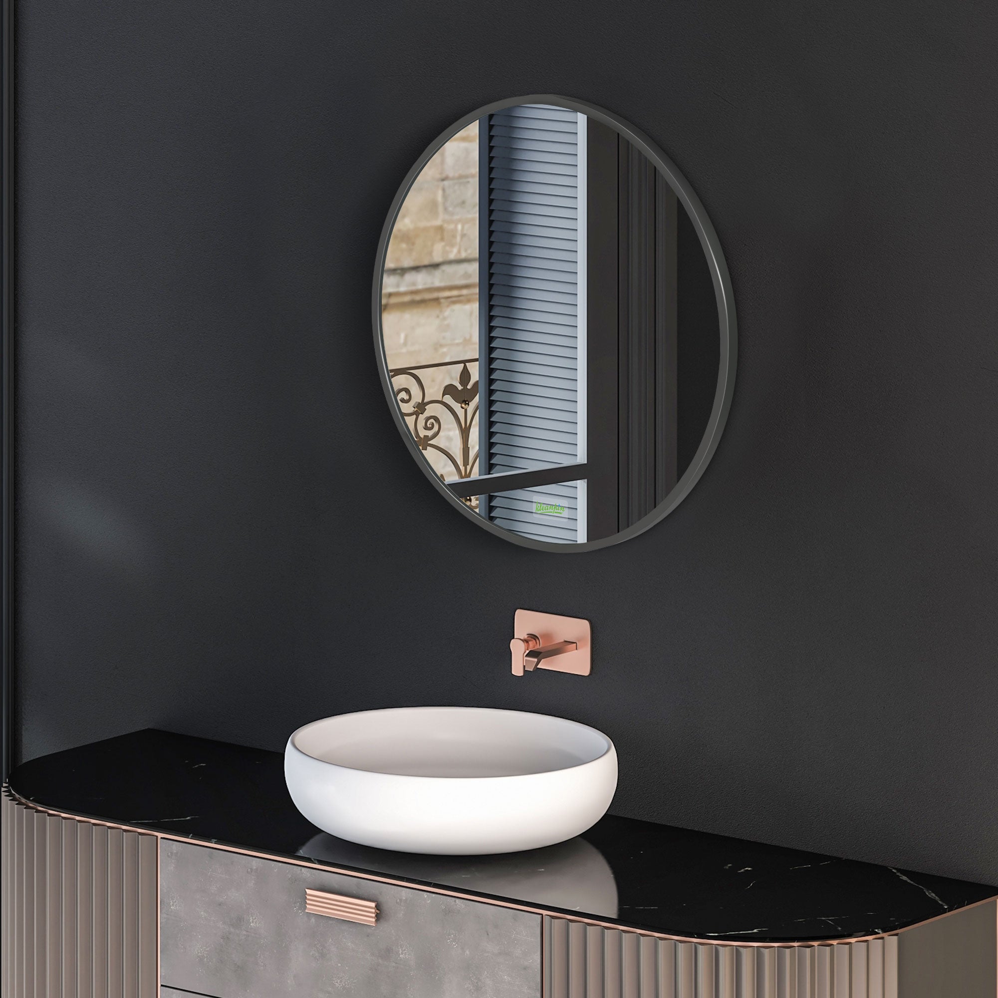 kleankin Runder Wandspiegel für Bad, Schlafzimmer, Flur, Metallrahmen, Farbe: Schwarz, Ø50