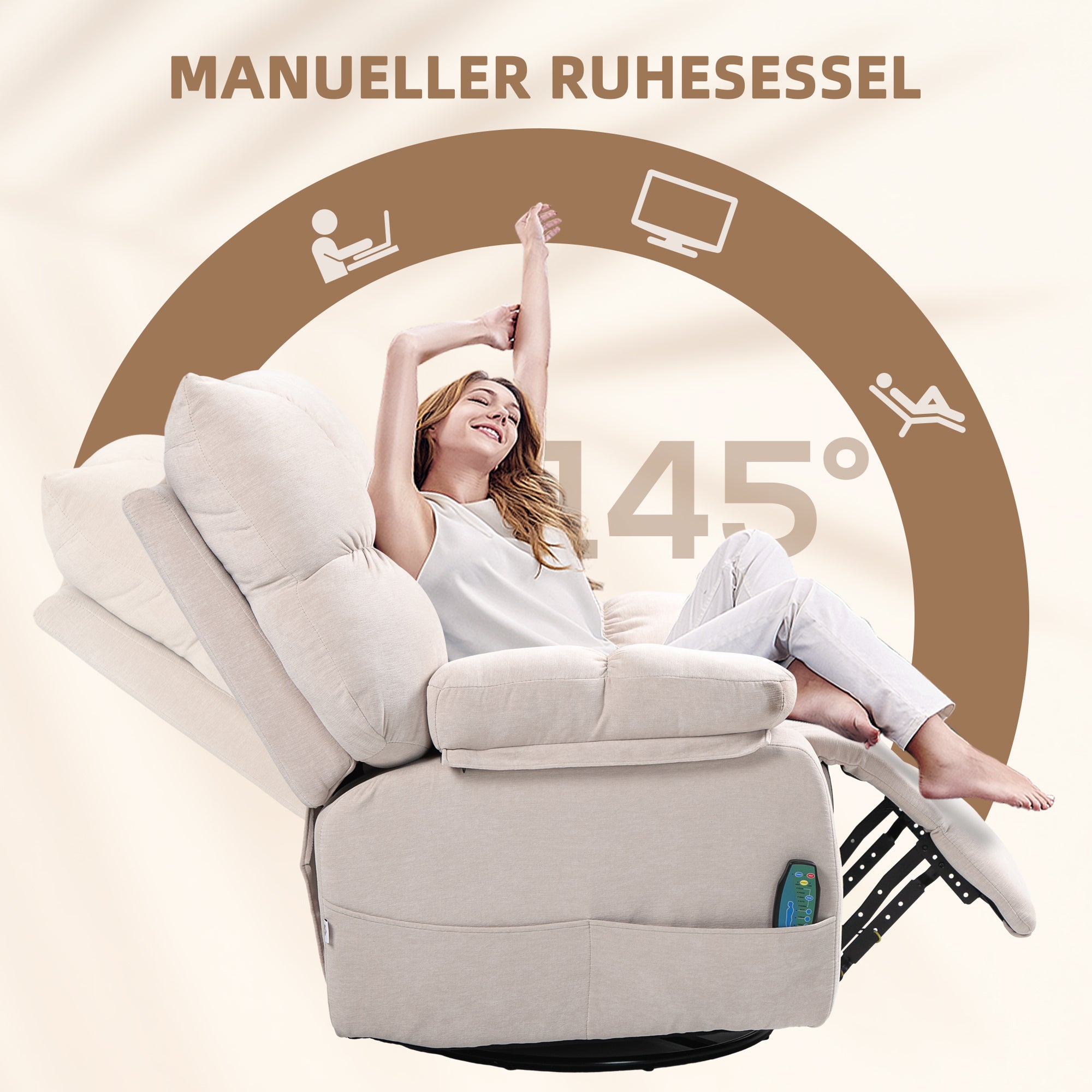 HOMCOM Massagesessel mit Wärme- & Liegefunktion, drehbar, bis 150 kg, Metallgestell, 98x90x98cm, Beige
