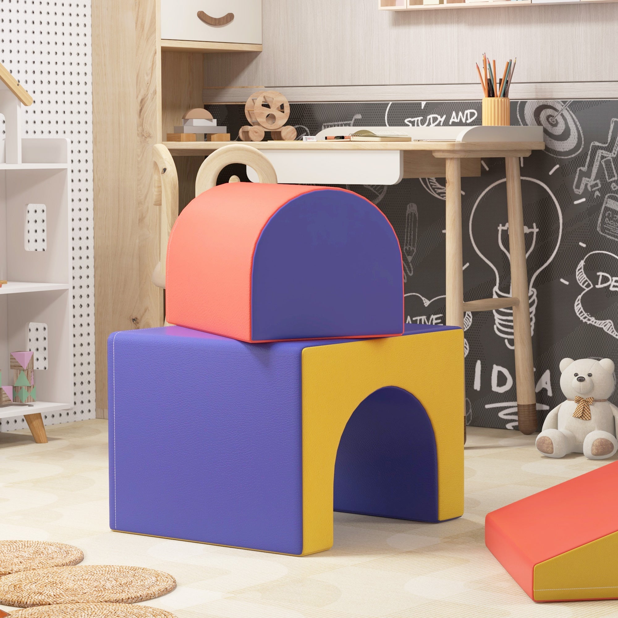 HOMCOM 4er Softbaustein-Set zum Klettern und Rutschen, Kunstlederbezug, für Kinder im Alter von 1-3 Jahren, Mehrfarbig