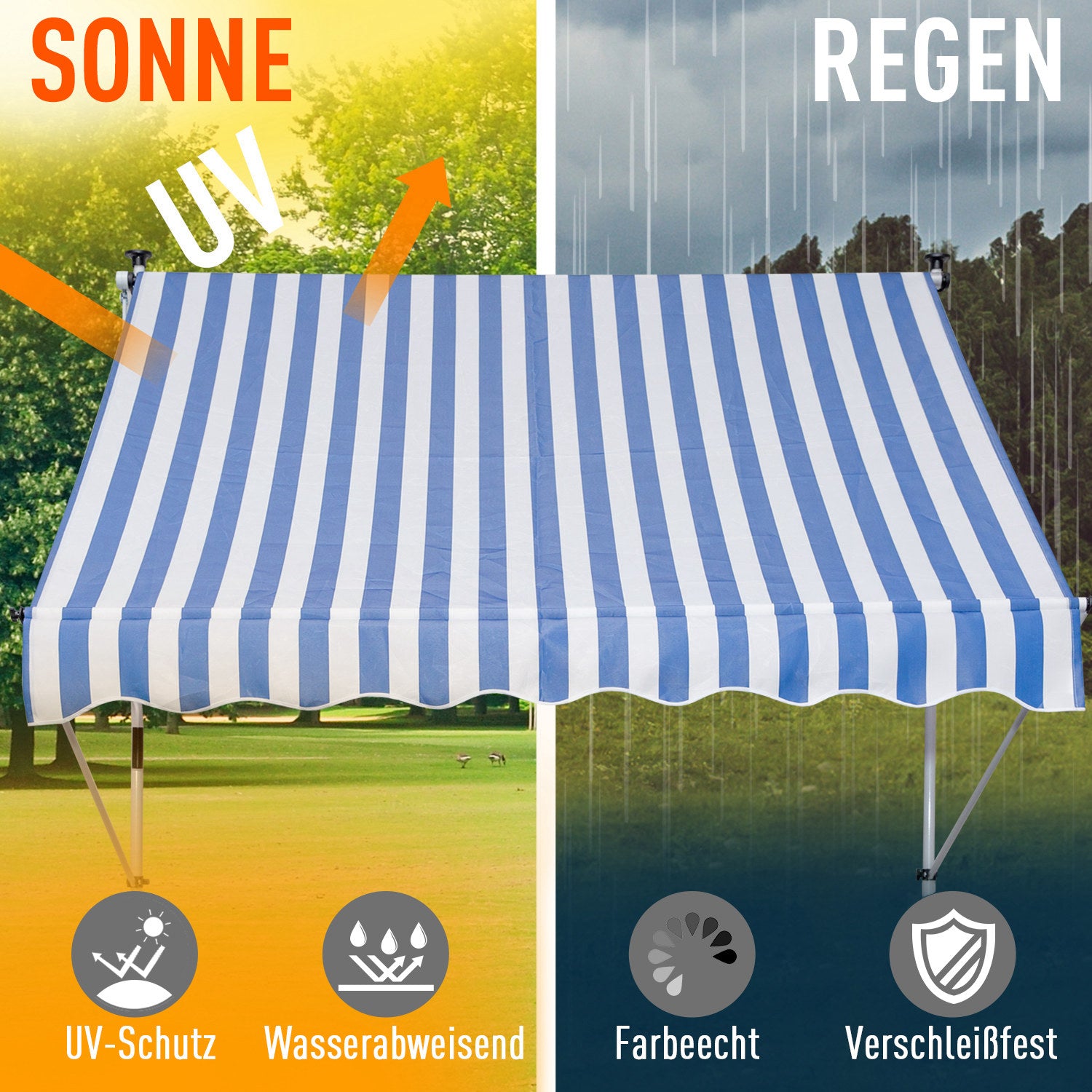 Outsunny Klemmmarkise mit Handkurbel höhenverstellbar Gelenkarmmarkise schmutzabweisend, witterungsbeständig Balkonmarkise 150cm breit Terrassenmarkise für Terrasse Balkon Veranda Blau+Weiß