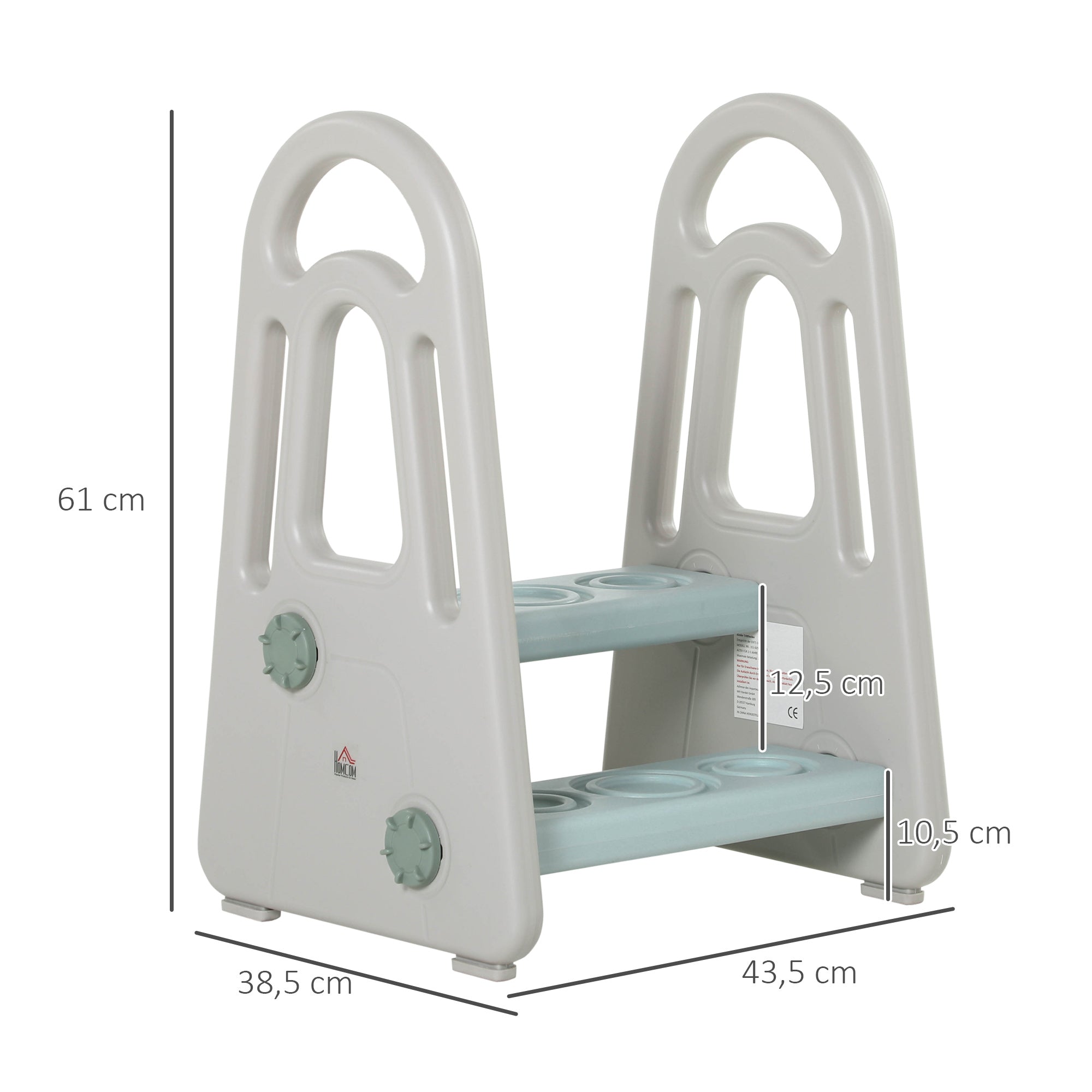 HOMCOM Lernturm Tritthocker Schemel Stehender mit 2 Stufen Pyramiden-Struktur Sicherheit Bad Schlafzimmer Küche Blau+Grau für 2-5 Jahre HDPE PP 43,5 x 38,5 x 61 cm