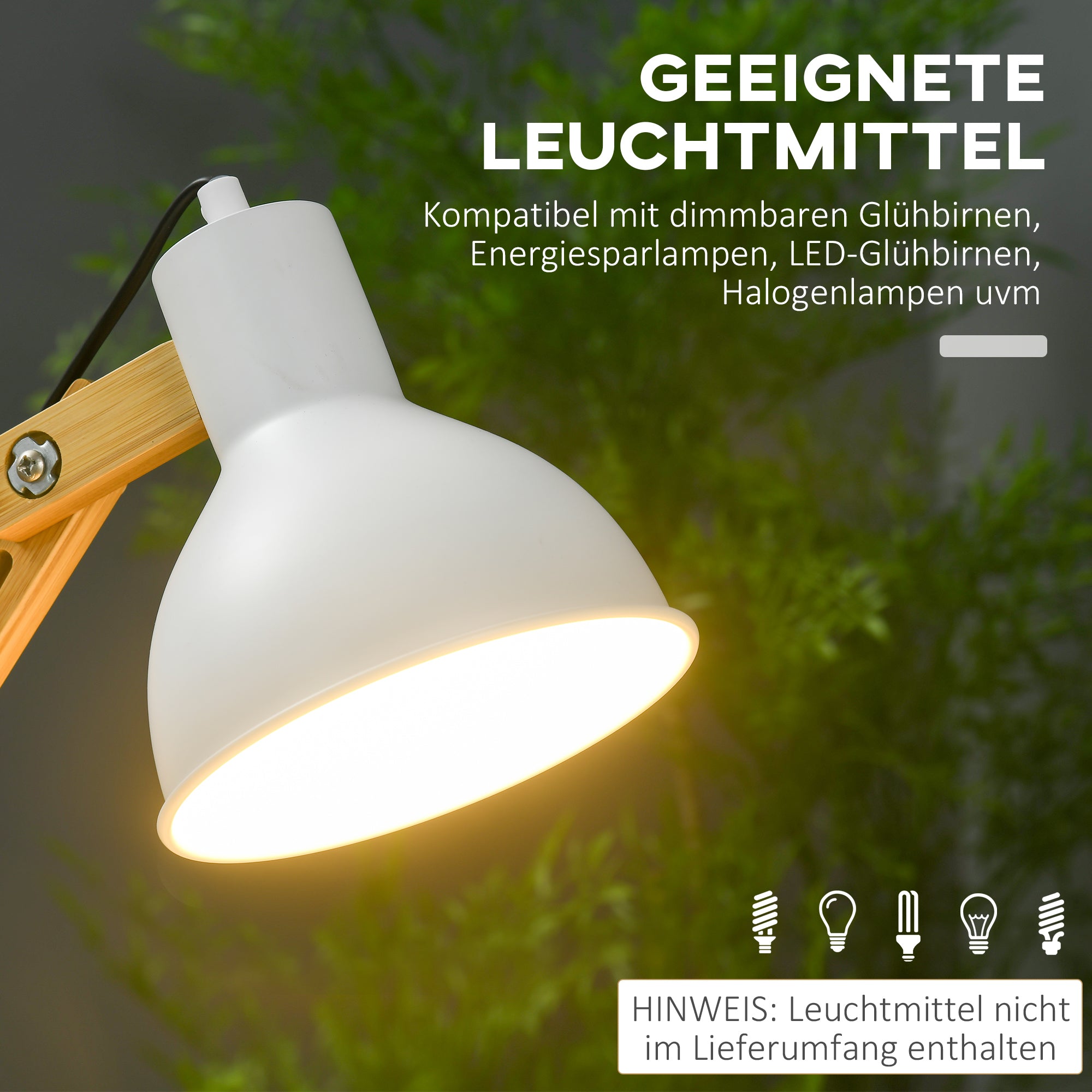 HOMCOM Schreibtischleuchte in Vintage-Design, Bambus, verstellbarer Schwenkarm, Weiß + Natur