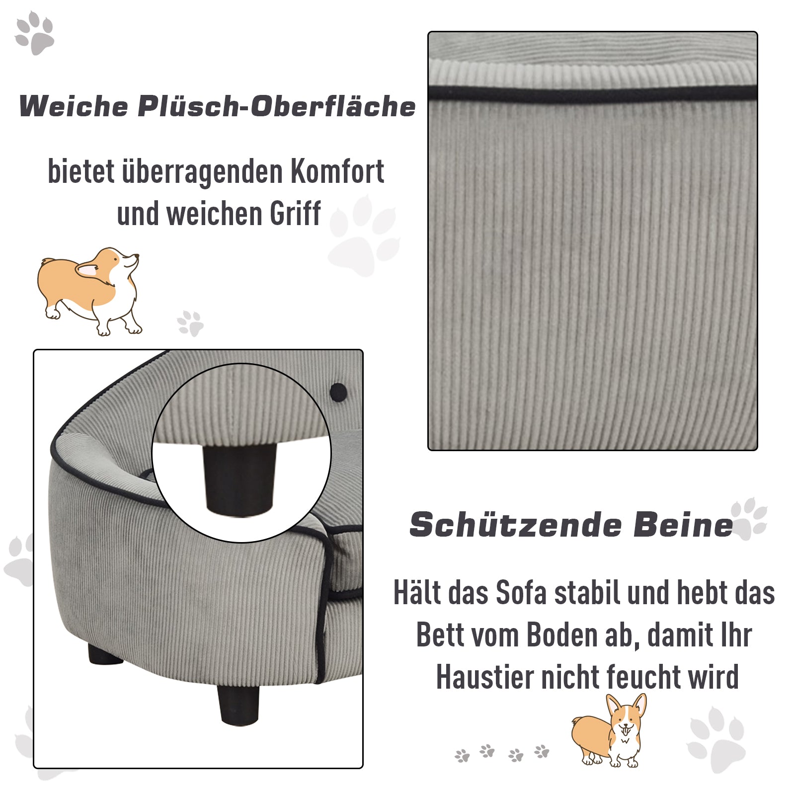 PawHut Haustiersofa, Hundebett, Hundematte, Hundesofa, Naturholz+Plüsch, Grau, 66,5 x 45 x 35,5 cm