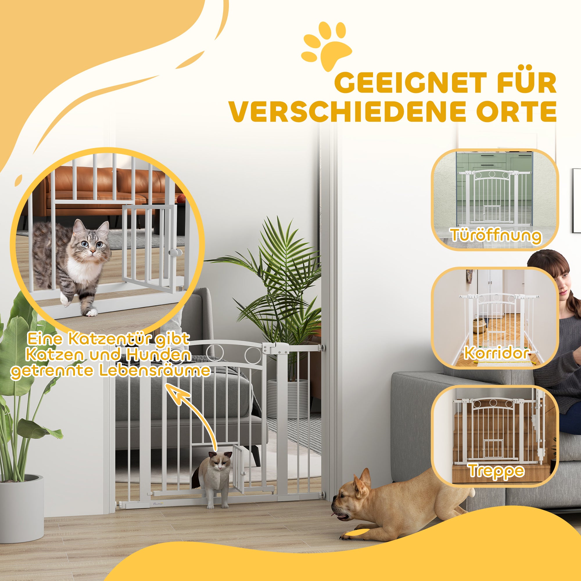 PawHut Haustiertor, 77 cm Treppengatter, verstellbare Breite 76-104 cm, mit Katzentür, für Treppen und Türöffnungen, Weiß