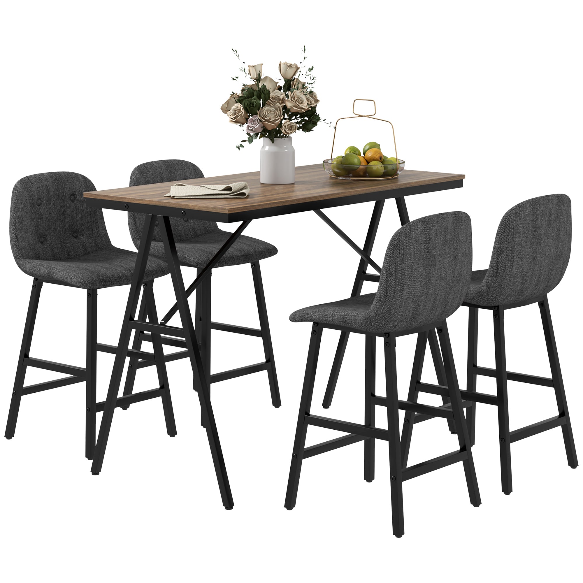 HOMCOM Bargarnitur 5-teilig, Tisch und 4 Stühle, Knopfheftung, dicke Polsterung, Leinenoptik, Dunkelgrau