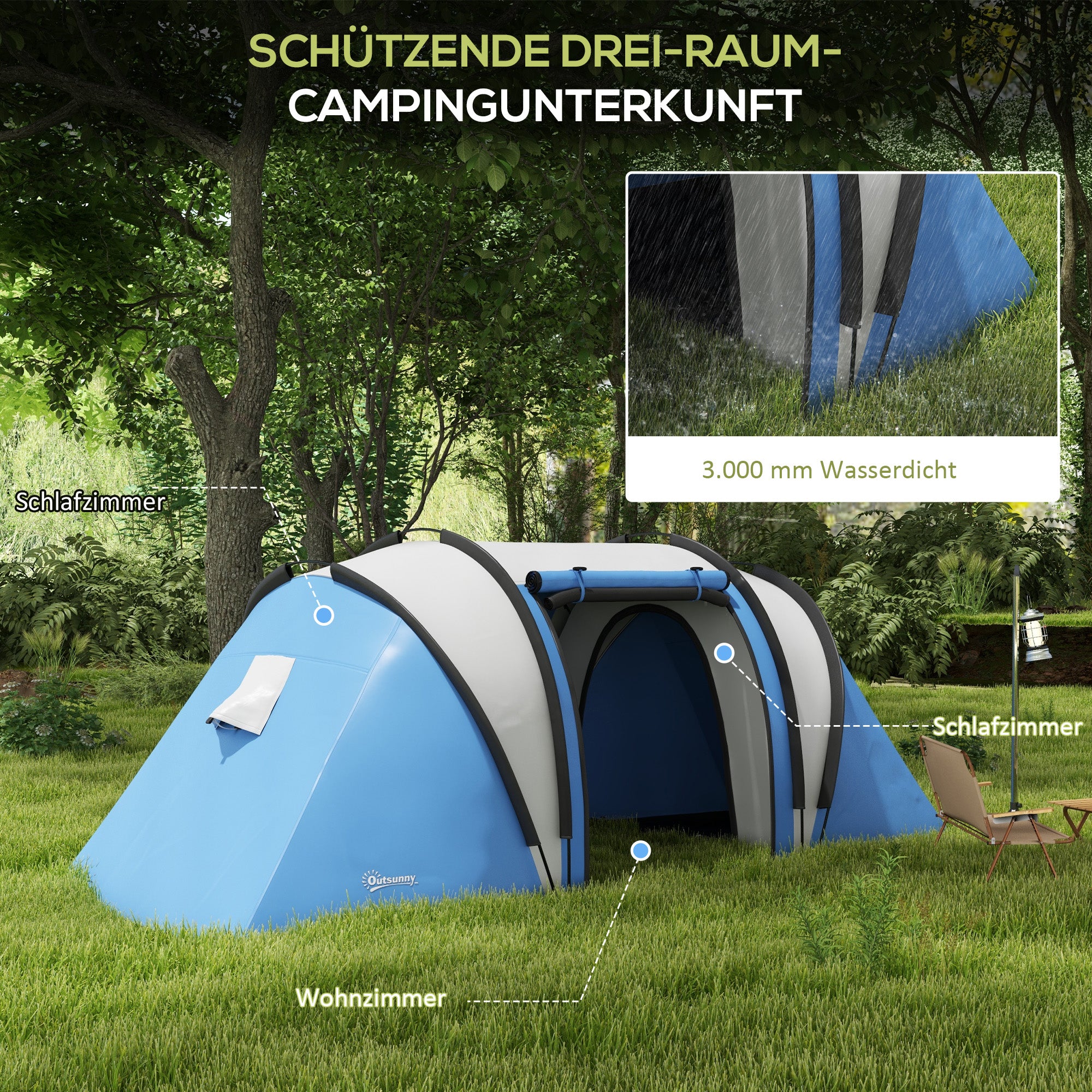 Outsunny Campingzelt für 4-5 Personen leicht wasserabweisend Familienzelt mit 3 Zimmer Seitentür Fenster Blau