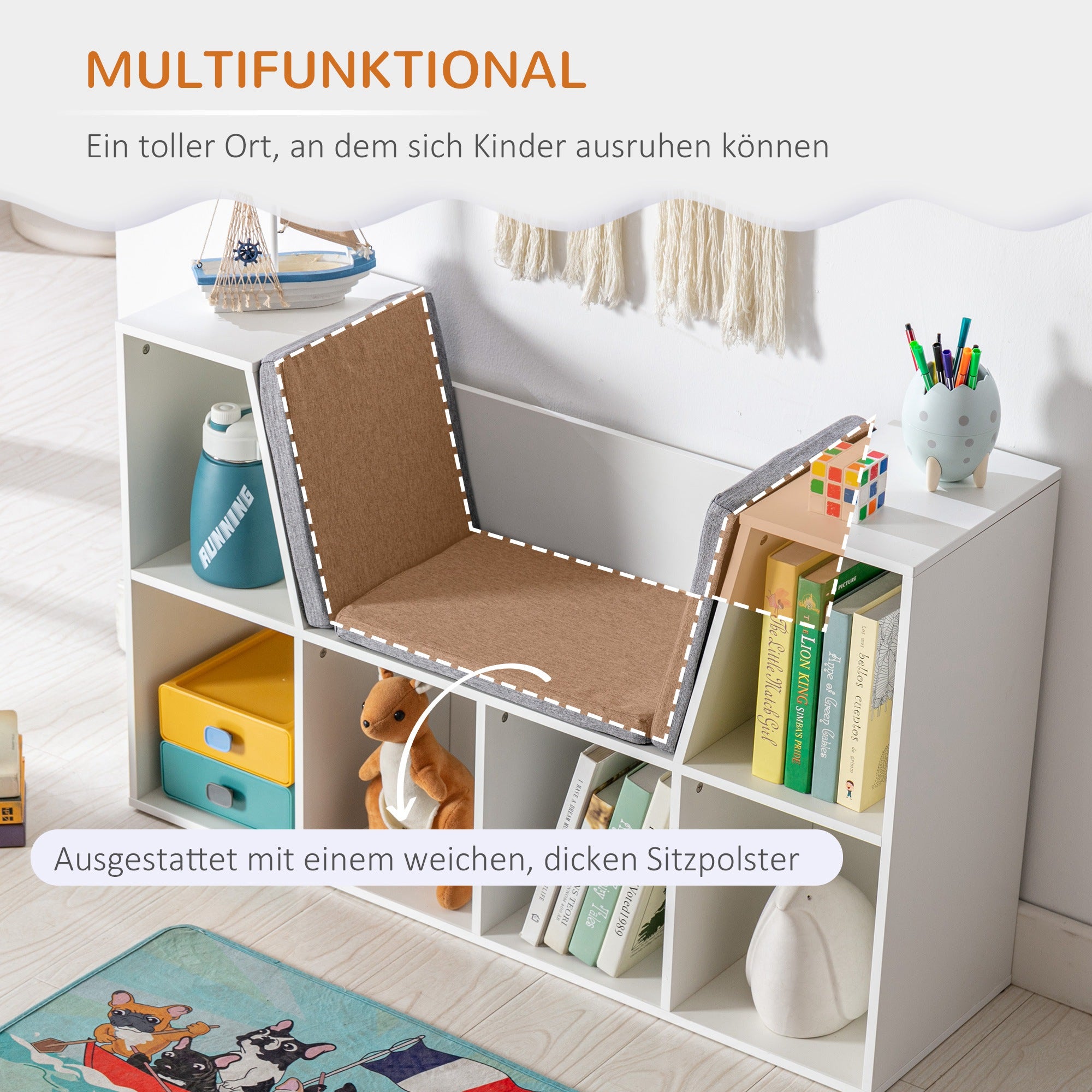 HOMCOM 2-in-1 Kinderregal Regal + Sitzbank inkl. Polster 103 cm × 30 cm × 62 cm Weiß + Grau