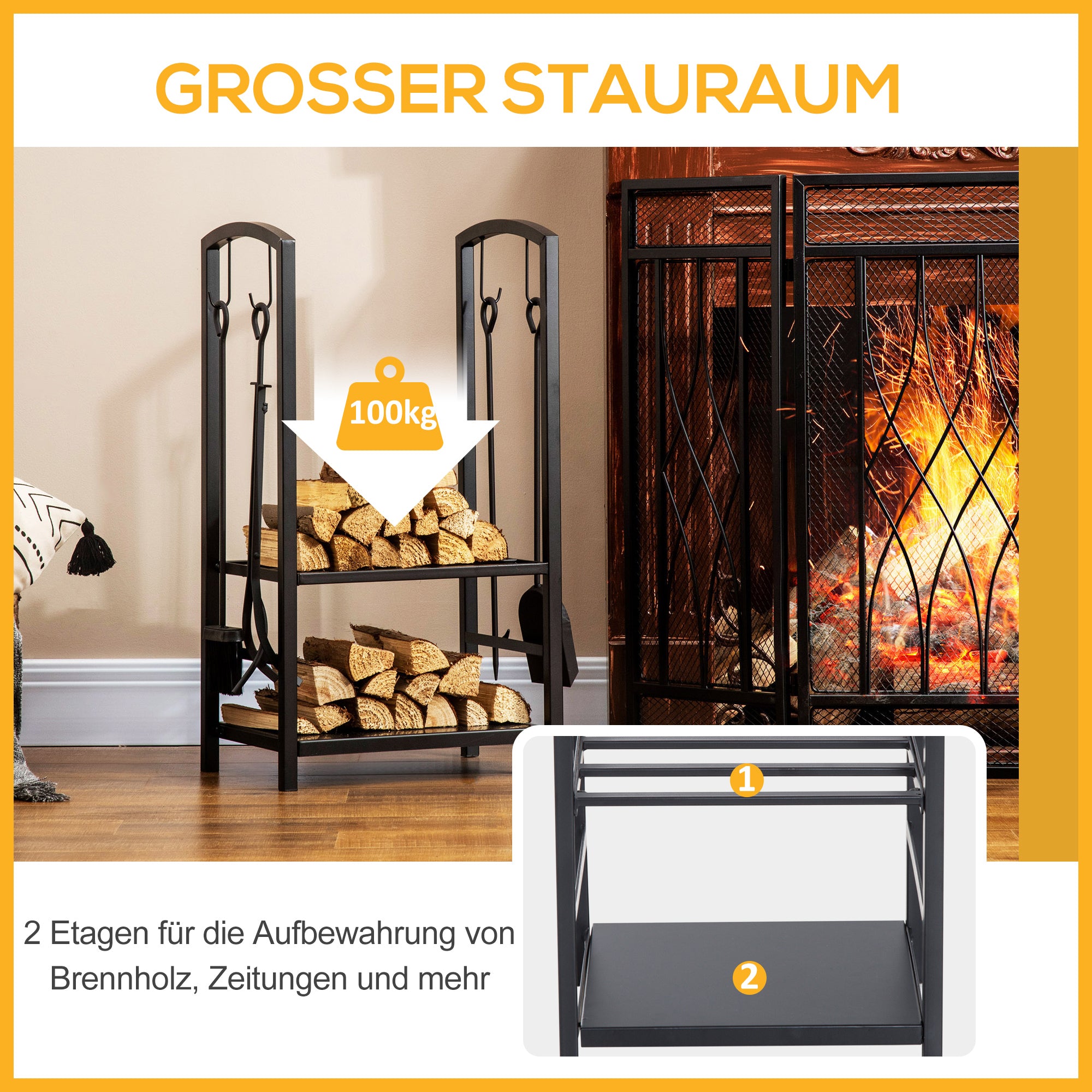 Outsunny Kaminholzständer, Brennholzregal, 2 Etagen, Kaminbesteck, bis 100 kg, Stahl, Schwarz, 40 x 30 x 74,5 cm