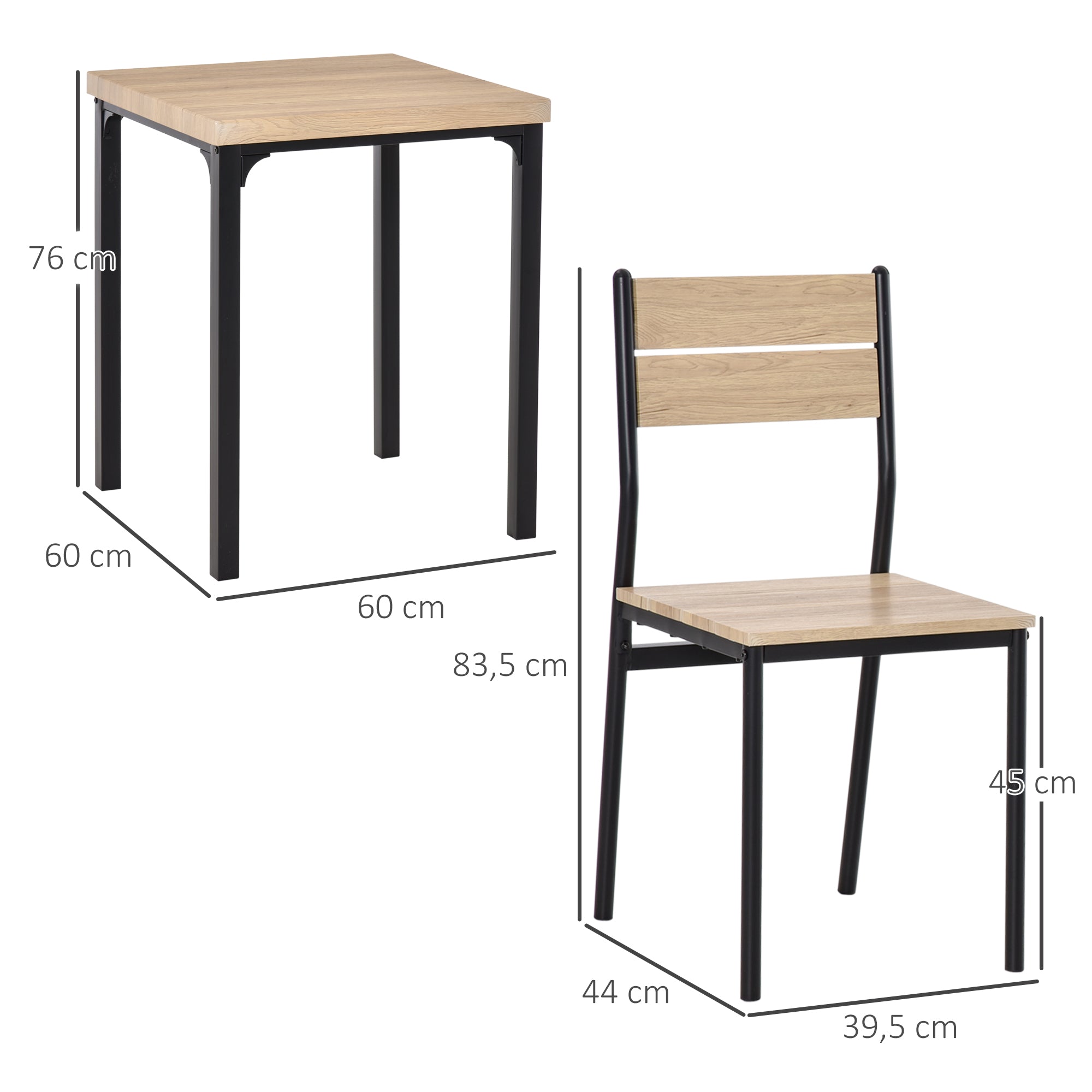 HOMCOM 3-teilige Esstisch Küchentisch mit Stühlen Set Naturholzmaserung + Schwarz mit 1 Tisch + 2 Stühlen