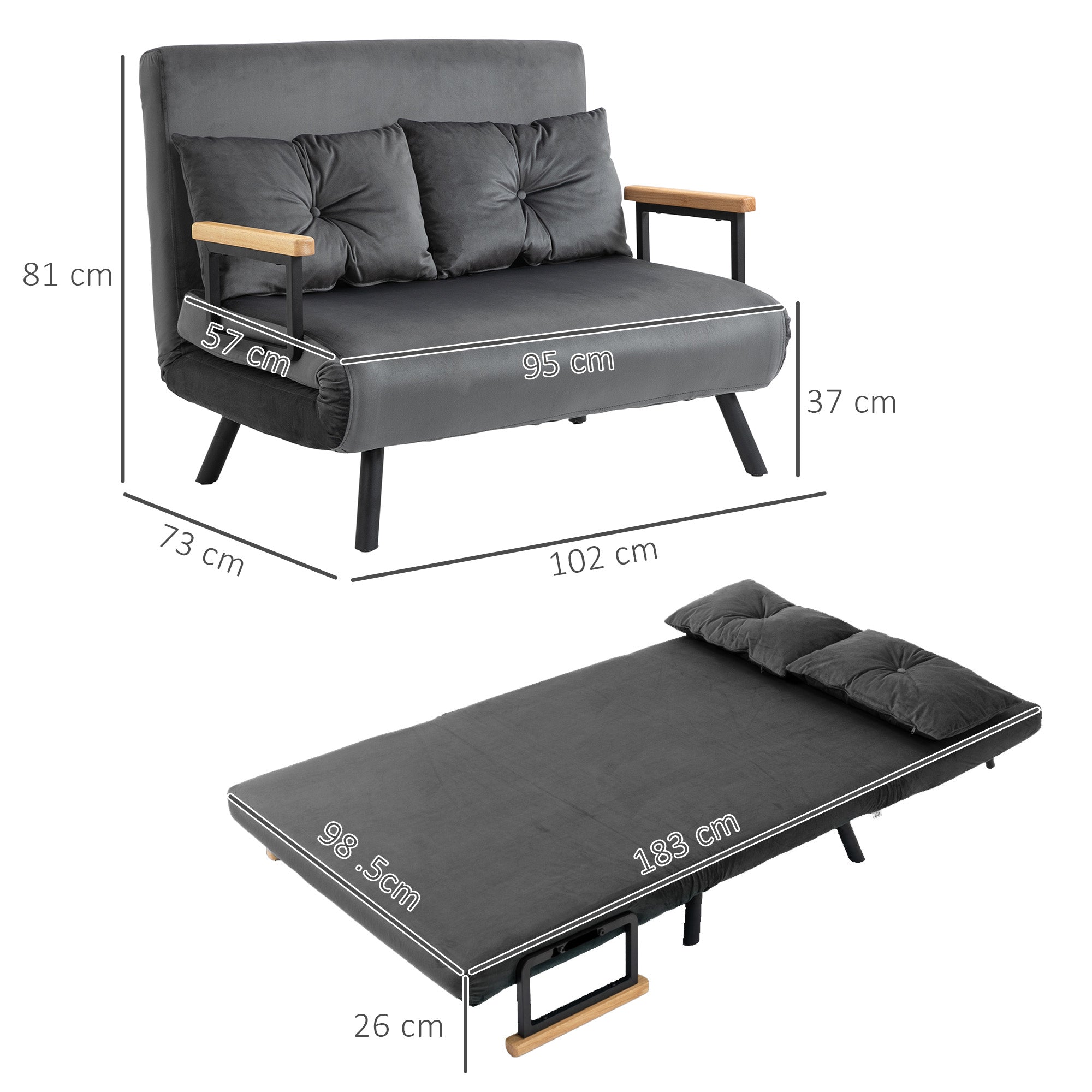 HOMCOM Schlafsofa 2er-Sofa Samtsofa, Schlaffunktion, inkl. 2 Kissen, Samtoptik, Natur + Dunkelgrau + Schwarz
