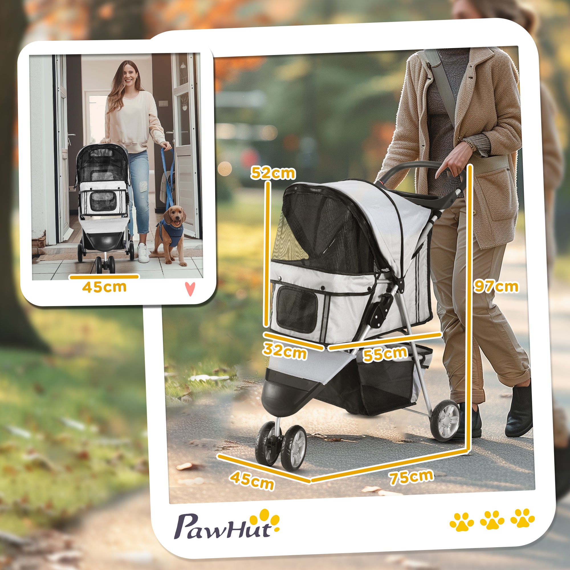 PawHut Hundewagen Hundebuggy bis 10 kg Klappbar Bodenkorb 2 Becherhalter verstellbares Vordach Grau